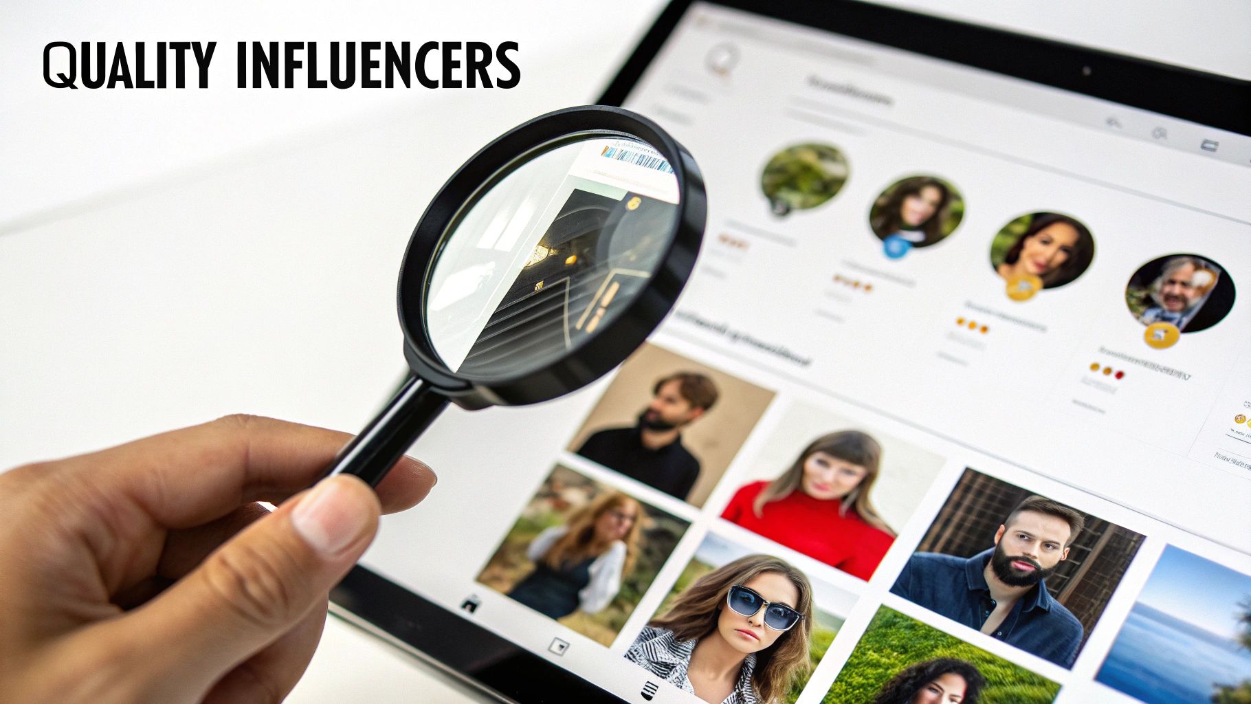 A magnifying glass hovering over several diverse influencer profiles on a screen, symbolizing the vetting process.