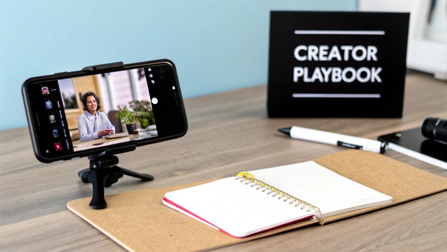 A smartphone on a tripod records a woman creating video content, with a 'Creator Playbook' nearby.