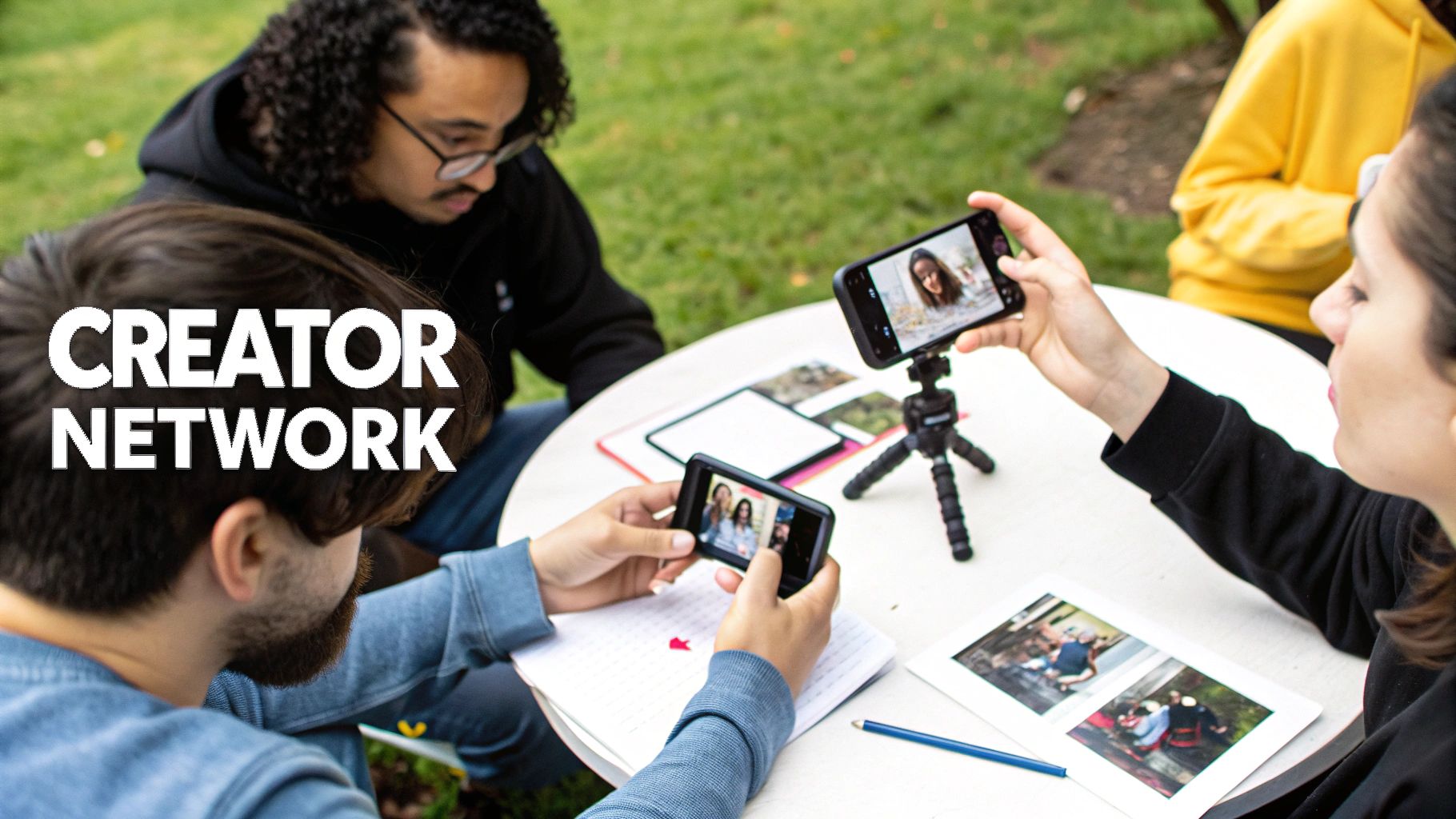Three content creators at an outdoor table, one recording a video with a smartphone on a tripod.