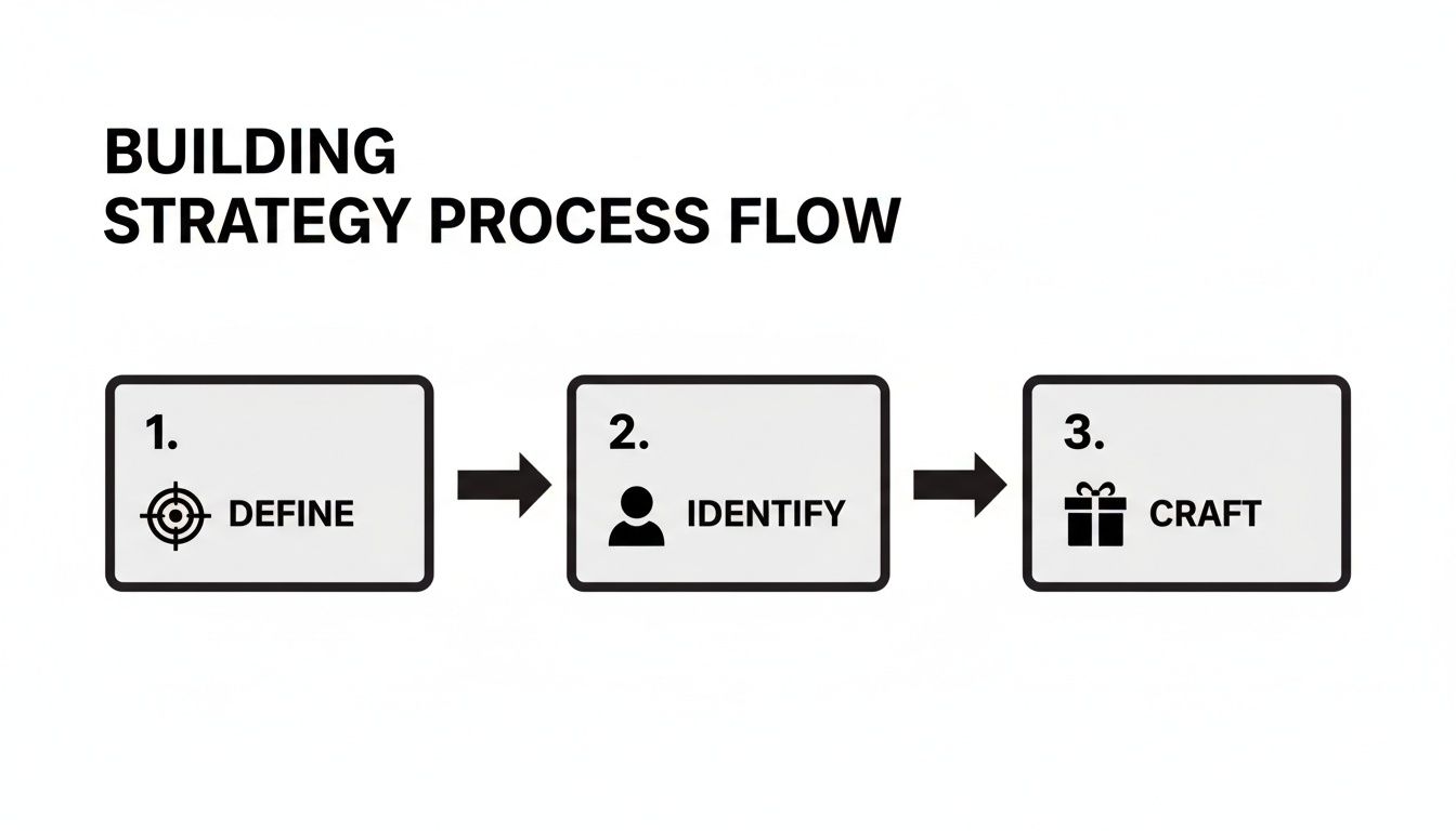 A clear three-step strategy building process flow with steps: Define, Identify, and Craft.