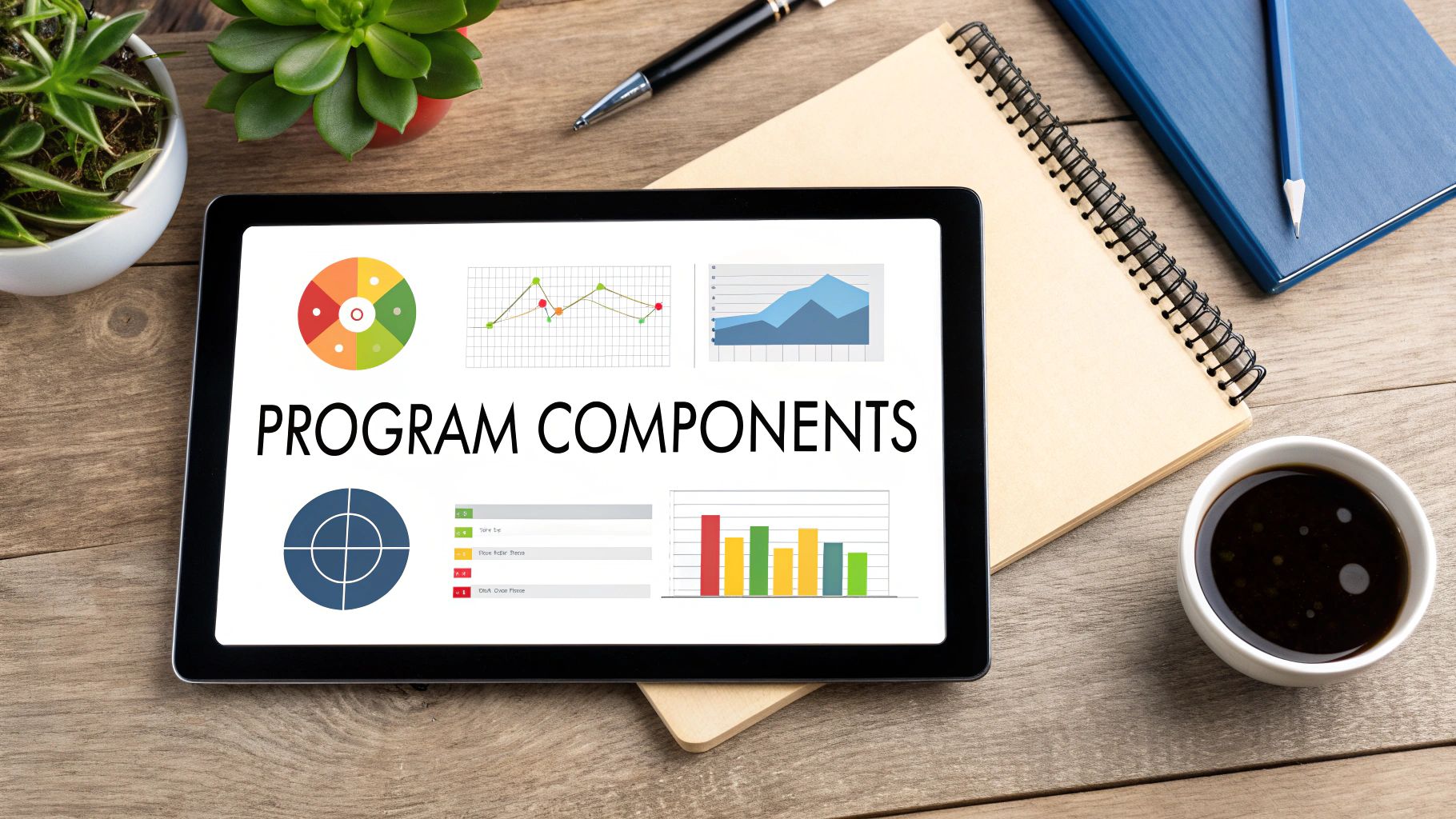 A creator reviewing software on a laptop, with charts and graphs overlaid, representing key performance indicators.