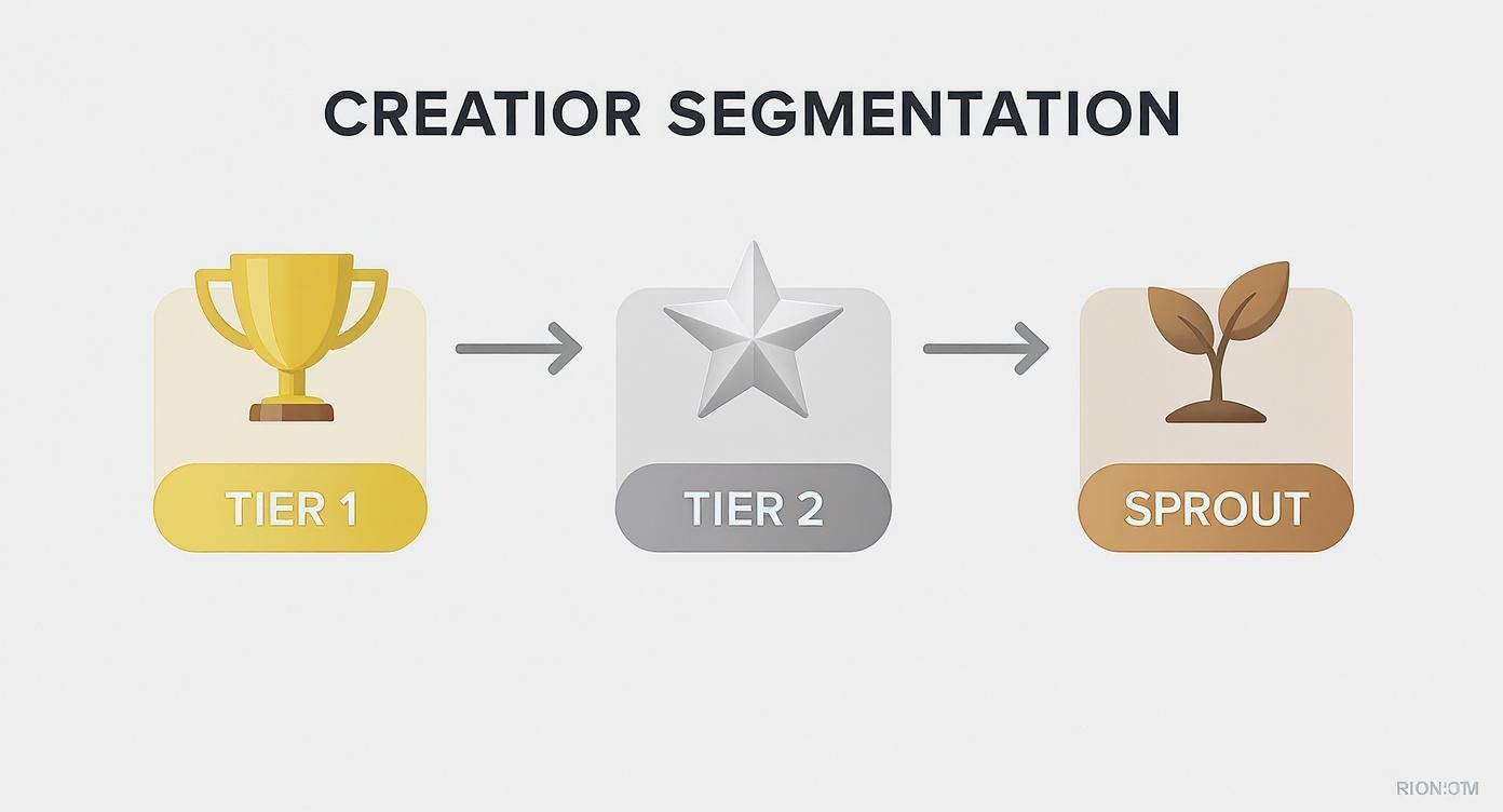 A diagram illustrating creator segmentation: Tier 1 (trophy), Tier 2 (star), and Sprout (plant).