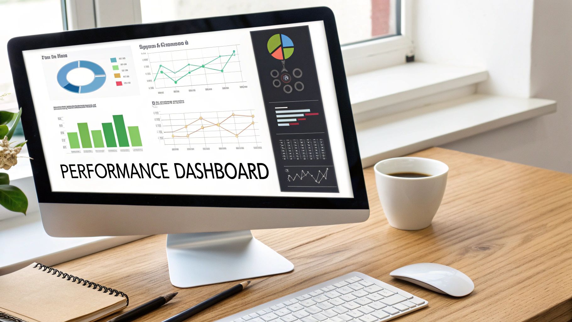 A computer monitor displays a performance dashboard with various charts and graphs on a wooden desk.