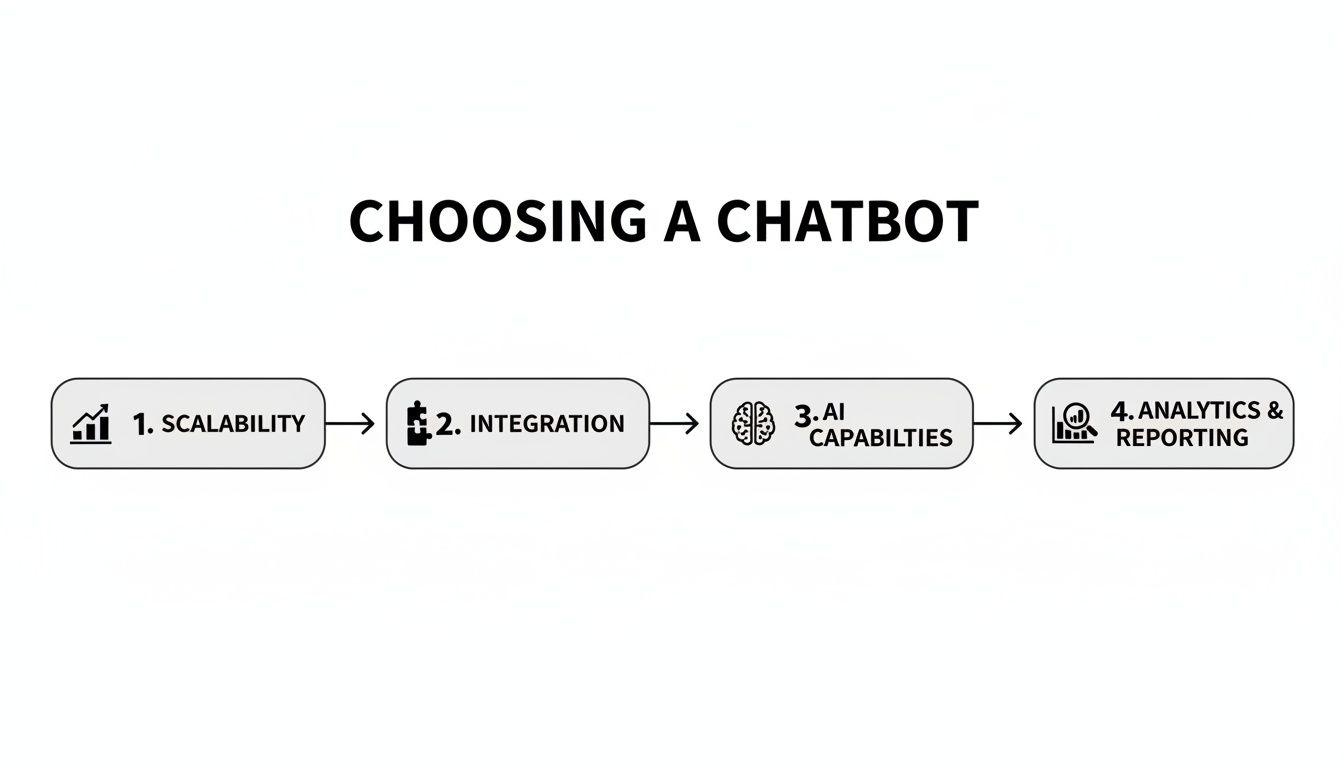 Flowchart illustrating four key steps for choosing a chatbot: scalability, integration, AI capabilities, and analytics.