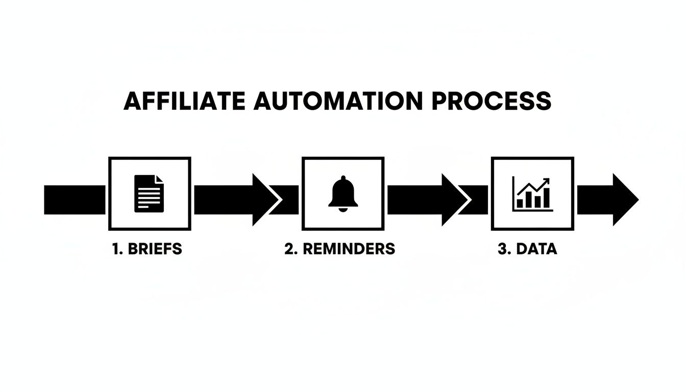 A diagram illustrates the Affiliate Automation Process with three steps: Briefs, Reminders, and Data.