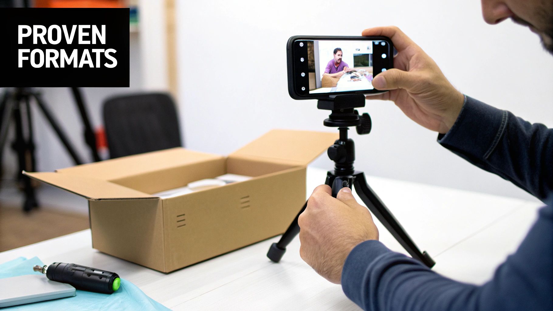 A person adjusts a smartphone on a tripod, recording a video. An open box and a tool are on the table.