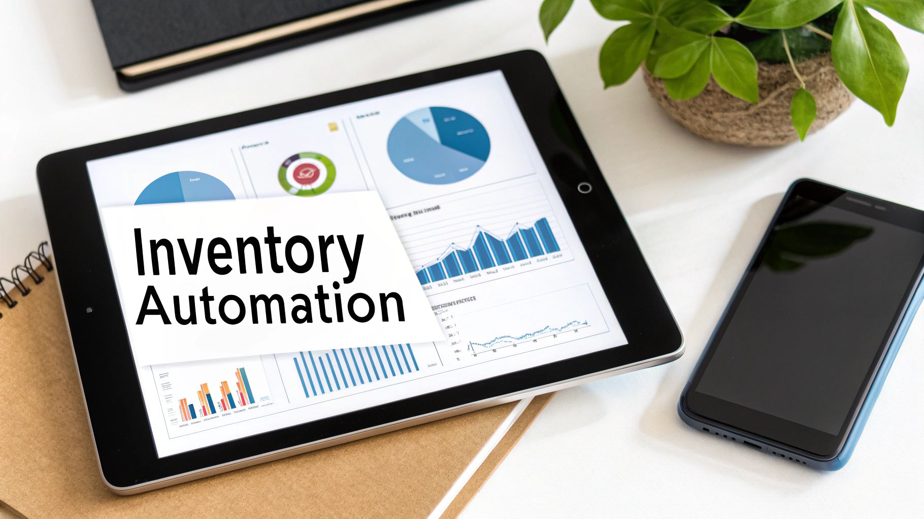 A tablet displaying business charts and 'Inventory Automation' text, next to a smartphone and a plant.