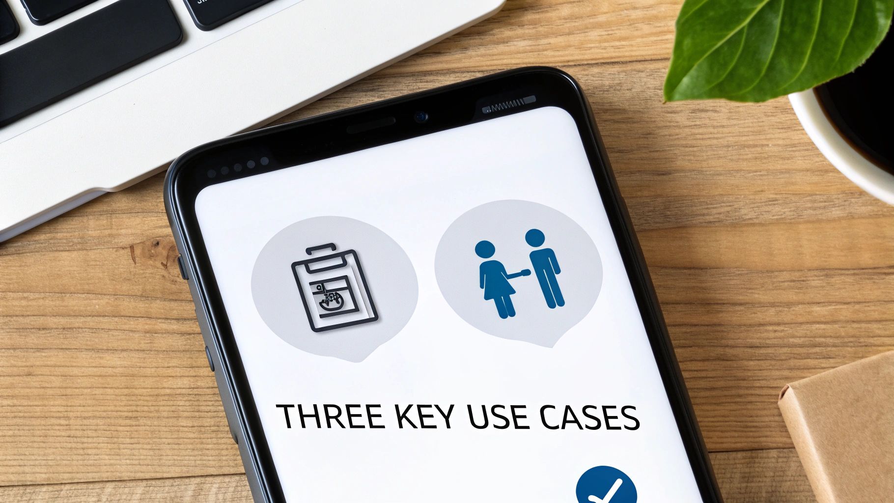 Smartphone screen displays 'THREE KEY USE CASES' with icons for documents and two people shaking hands.