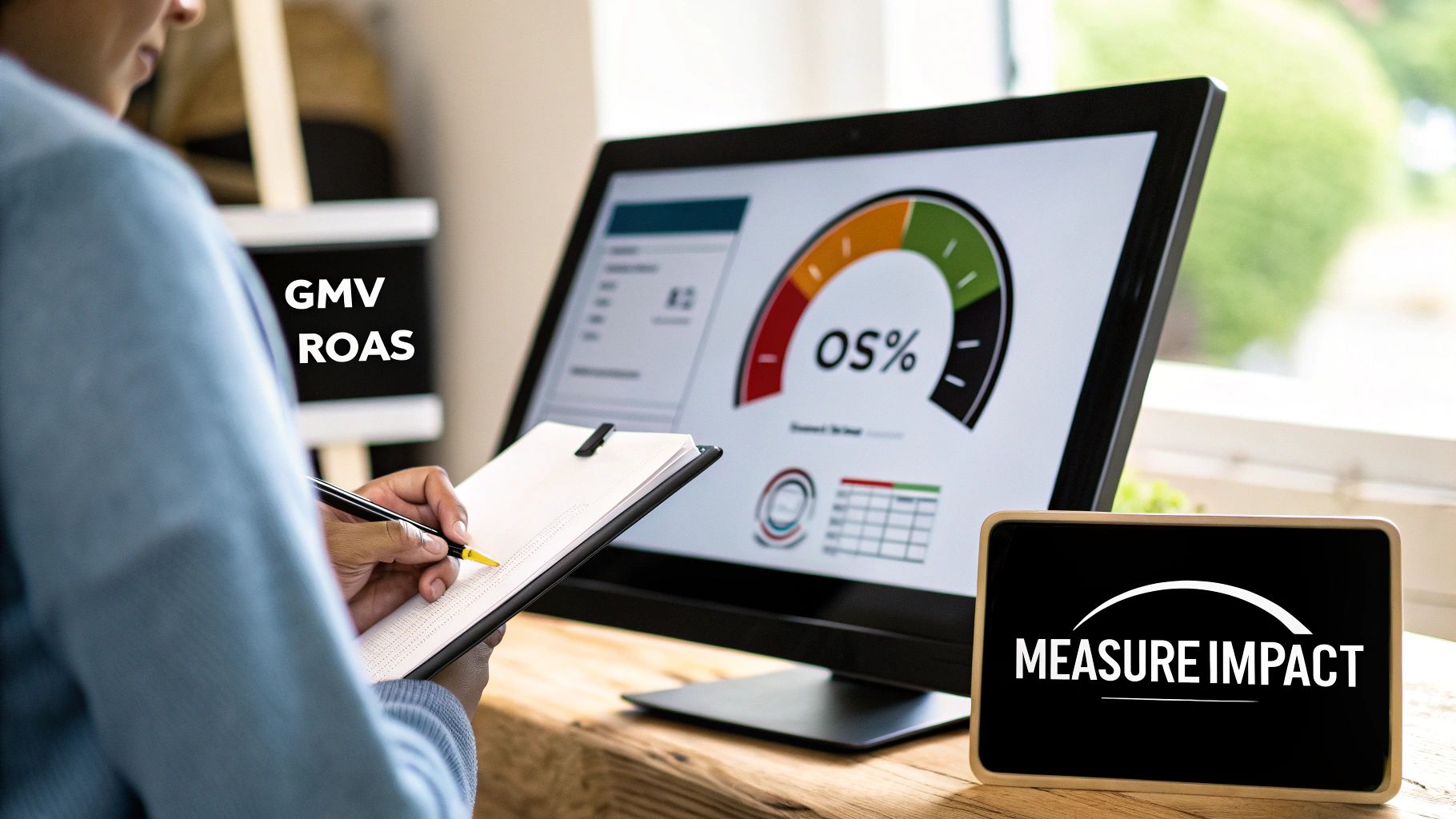 Person analyzing business performance metrics like GMV and ROAS on a computer screen.