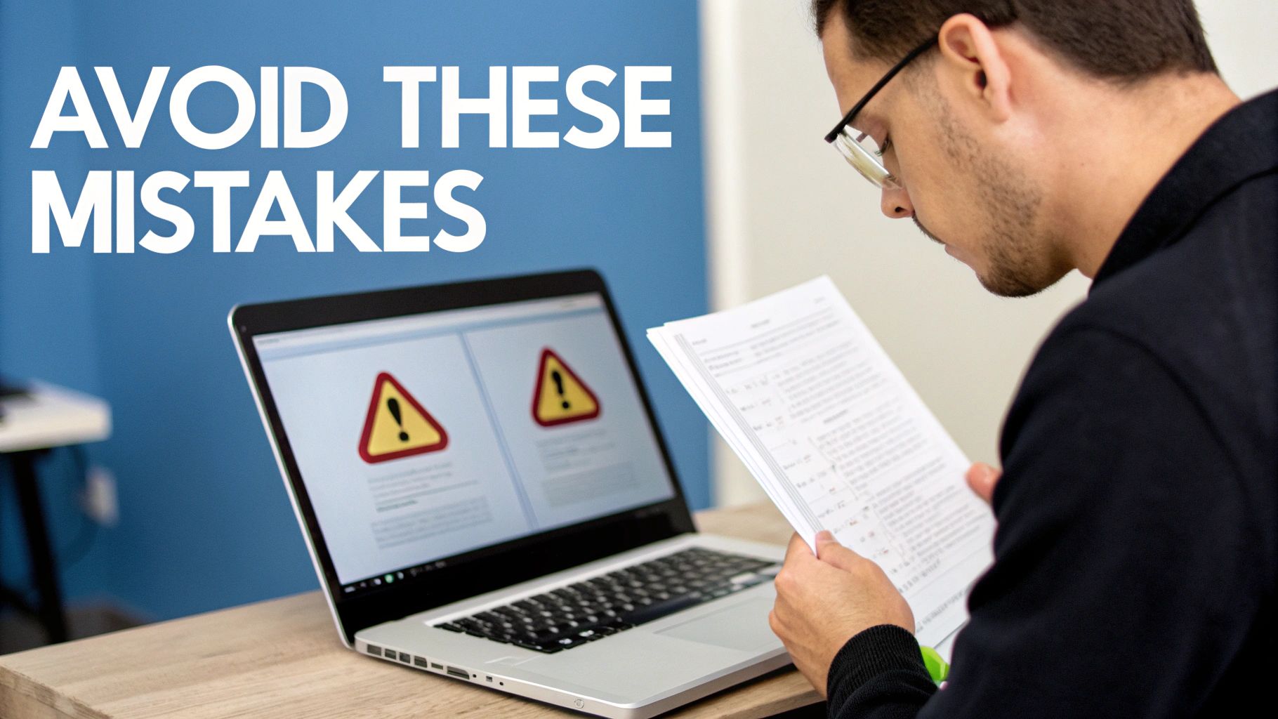 A man studies papers beside a laptop displaying warning signs, with "AVOID THESE MISTAKES" text.