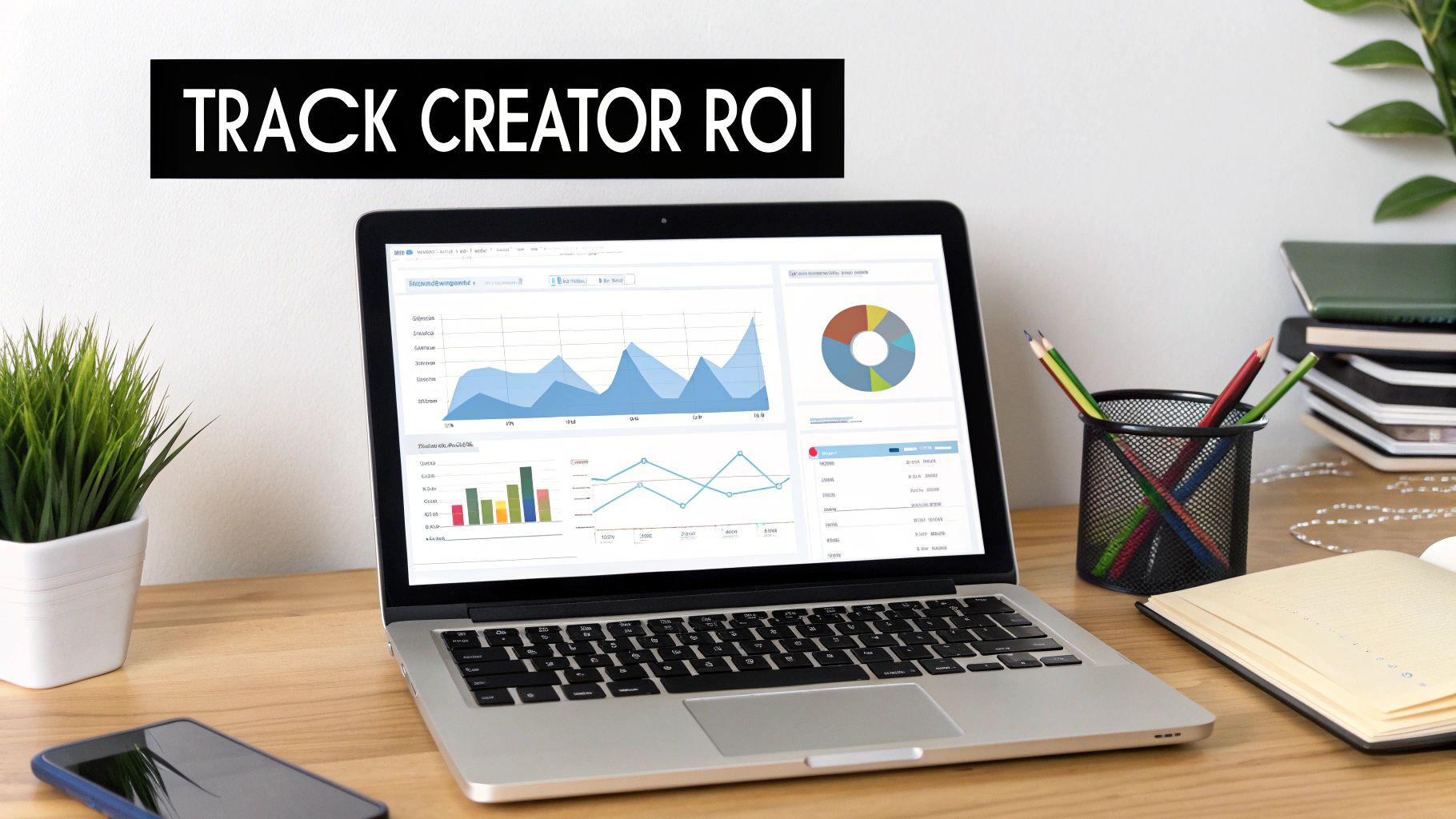 Laptop on a wooden desk displays analytics, charts, and 'TRACK CREATOR ROI' text, with office supplies.