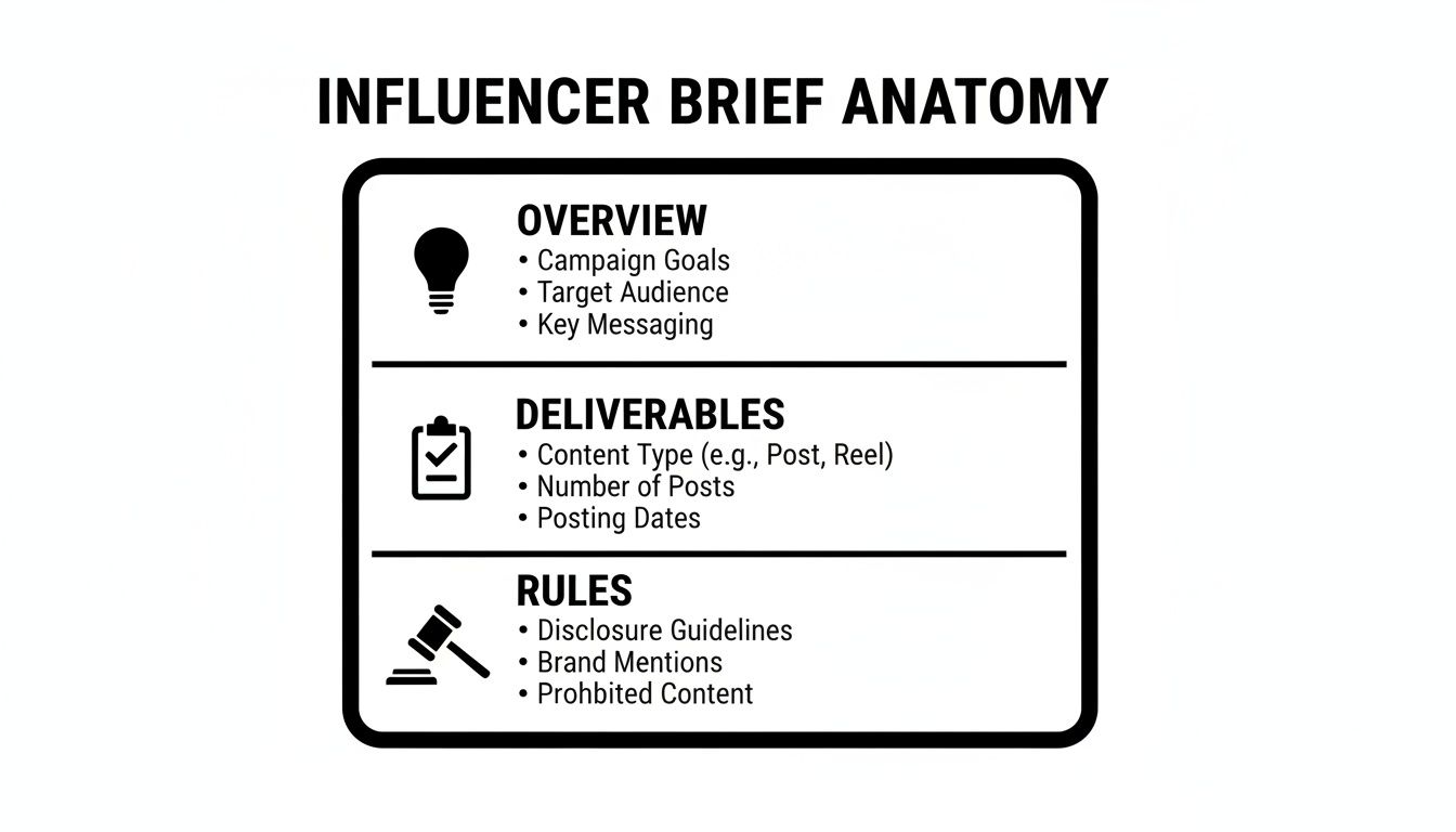 An infographic detailing the anatomy of an influencer brief, covering overview, deliverables, and rules.