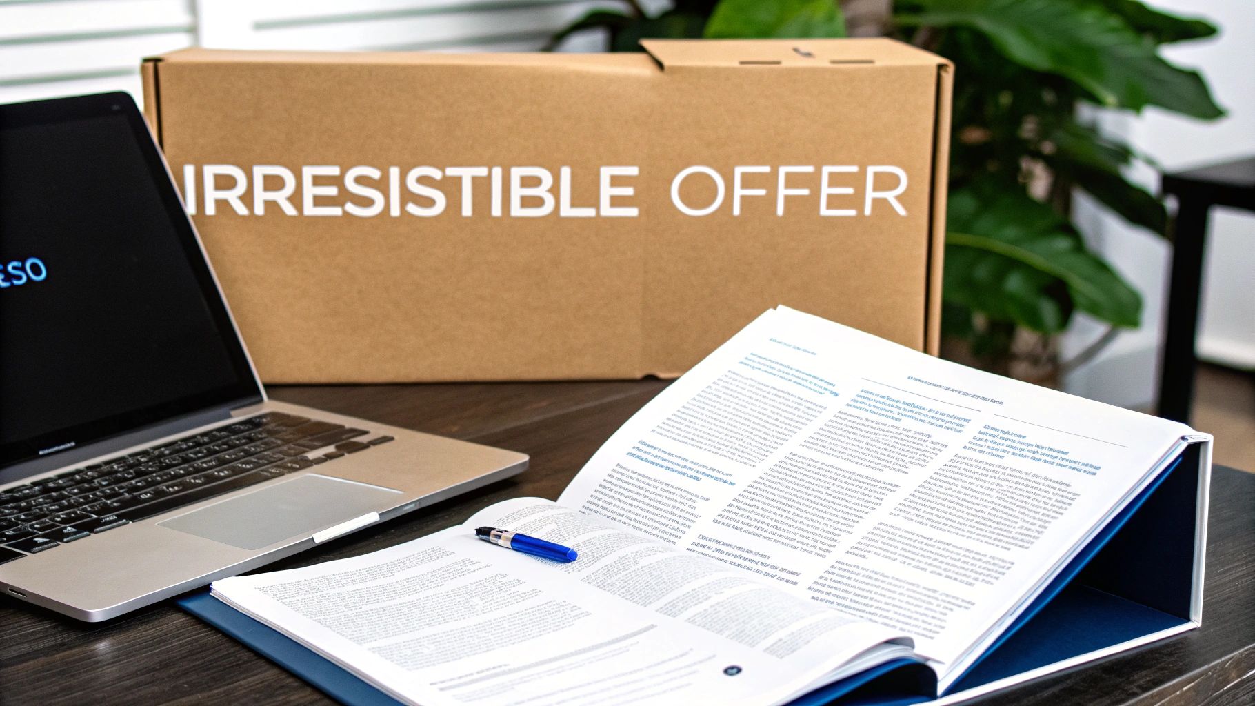 A desk with a laptop, an open book with a pen, and a box labeled 'IRRESISTIBLE OFFER'.