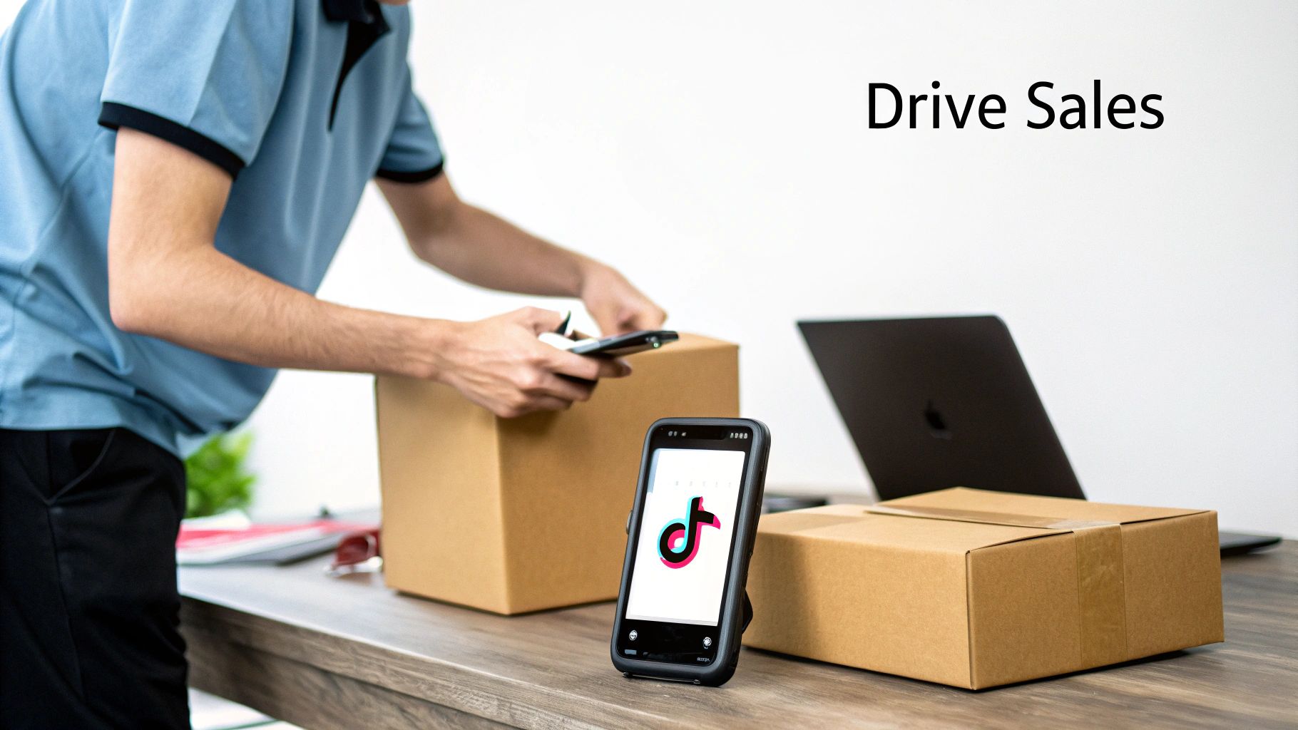 A person prepares packages on a table with a phone displaying the TikTok logo, suggesting e-commerce and social media sales.