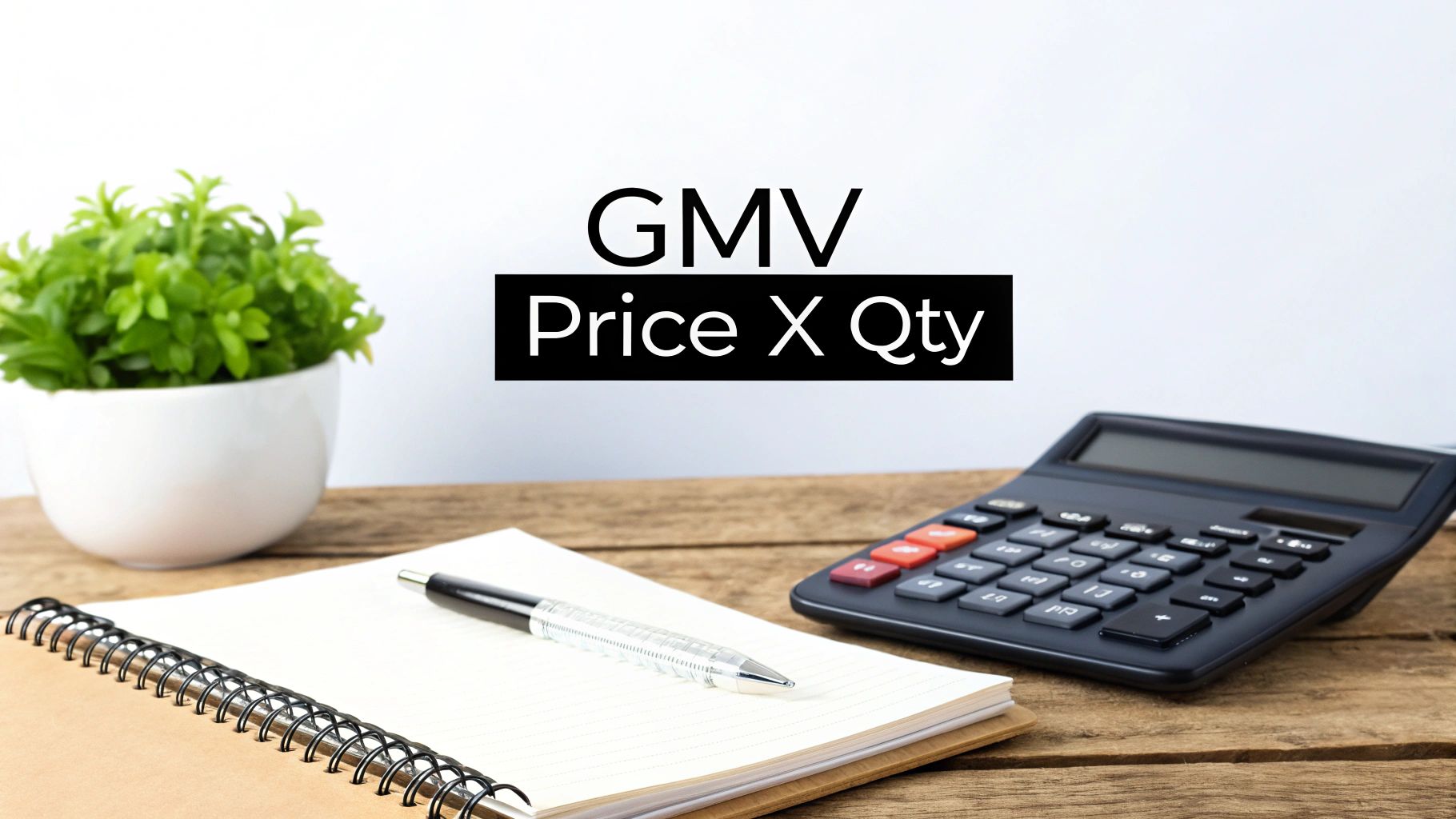 A person using a calculator with shopping-related icons floating around, symbolizing e-commerce calculations.