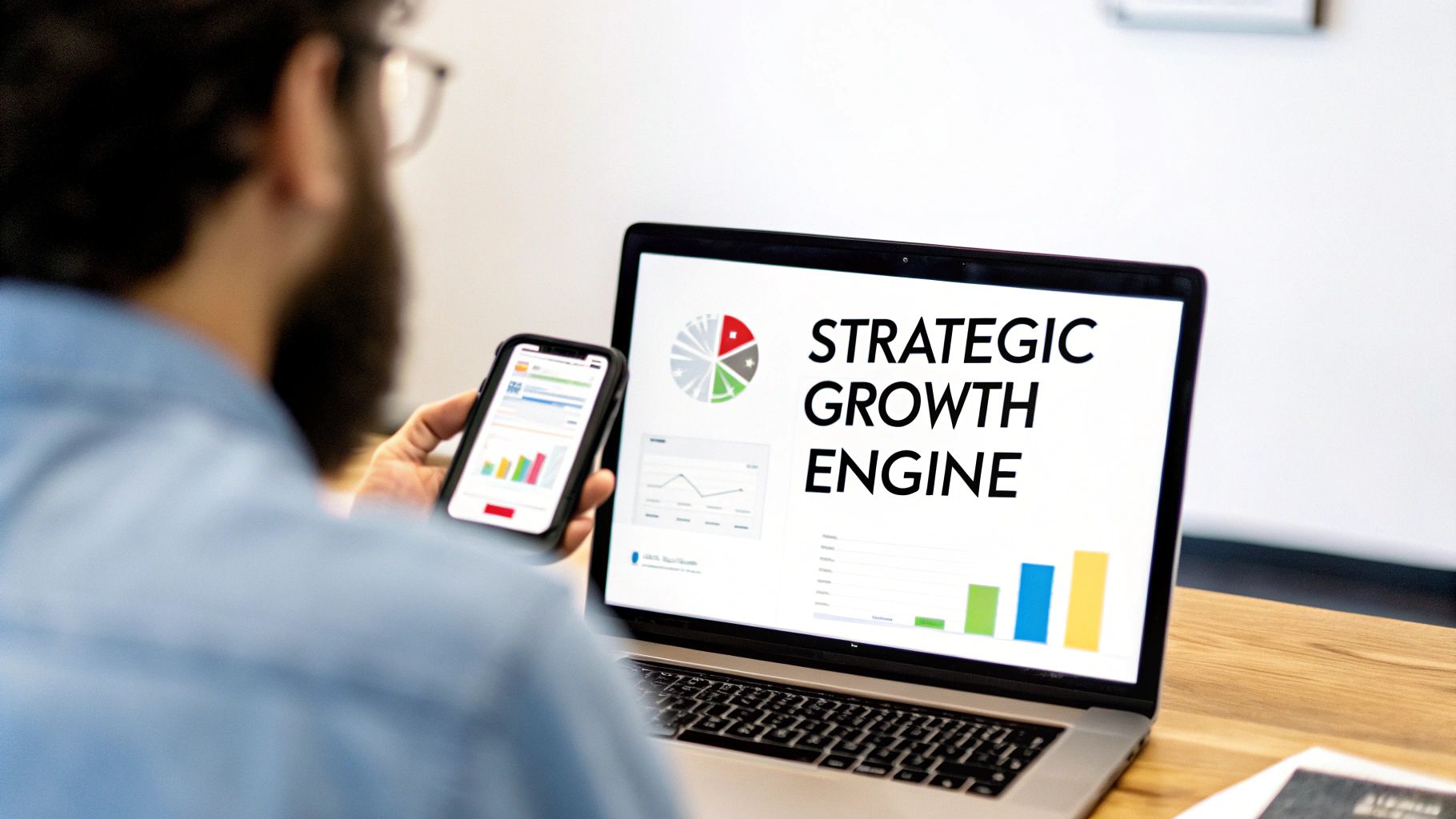 A person views a laptop showing 'Strategic Growth Engine' and charts, while holding a smartphone with data.
