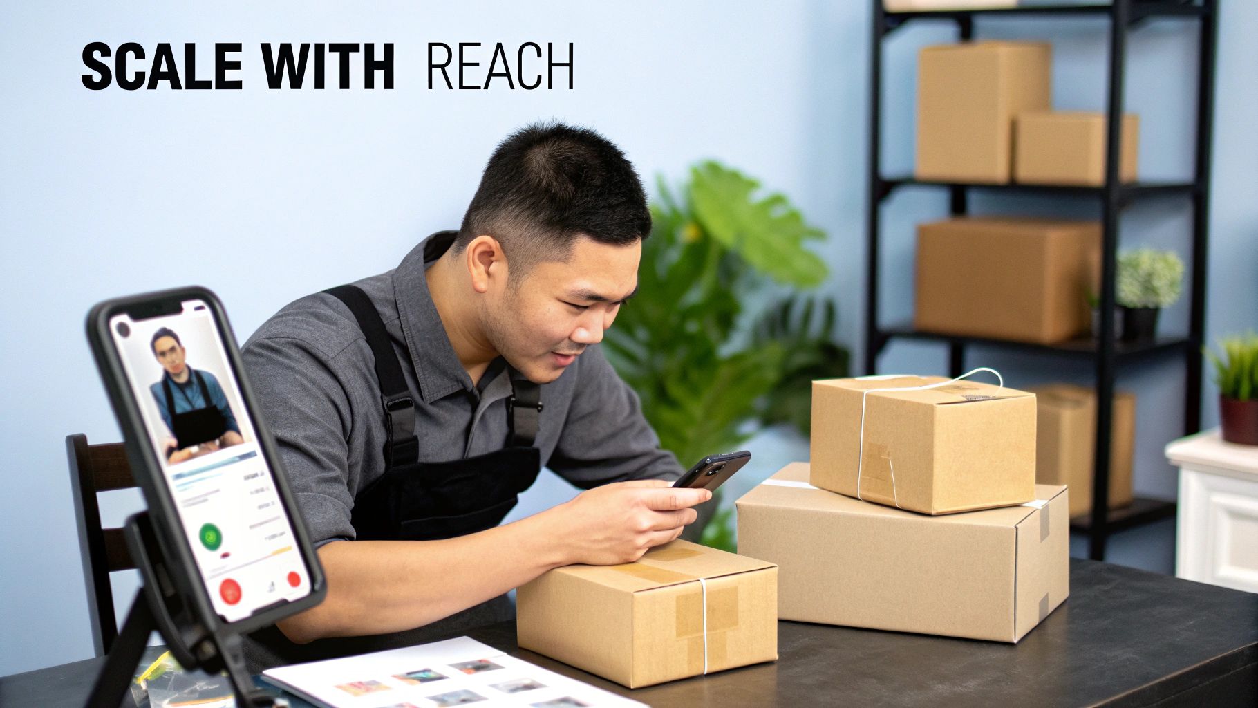 A man uses a smartphone at a desk with shipping boxes, showcasing e-commerce operations.