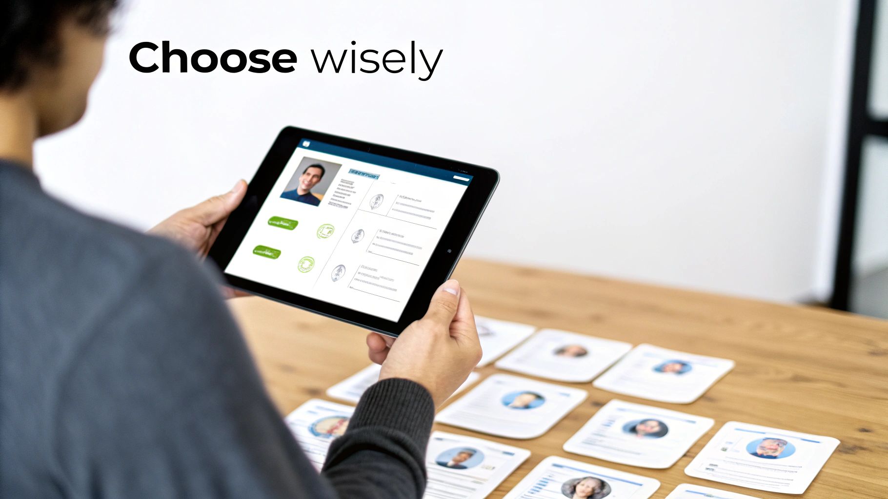 Person reviewing candidate profiles on tablet for recruitment decision making and talent selection