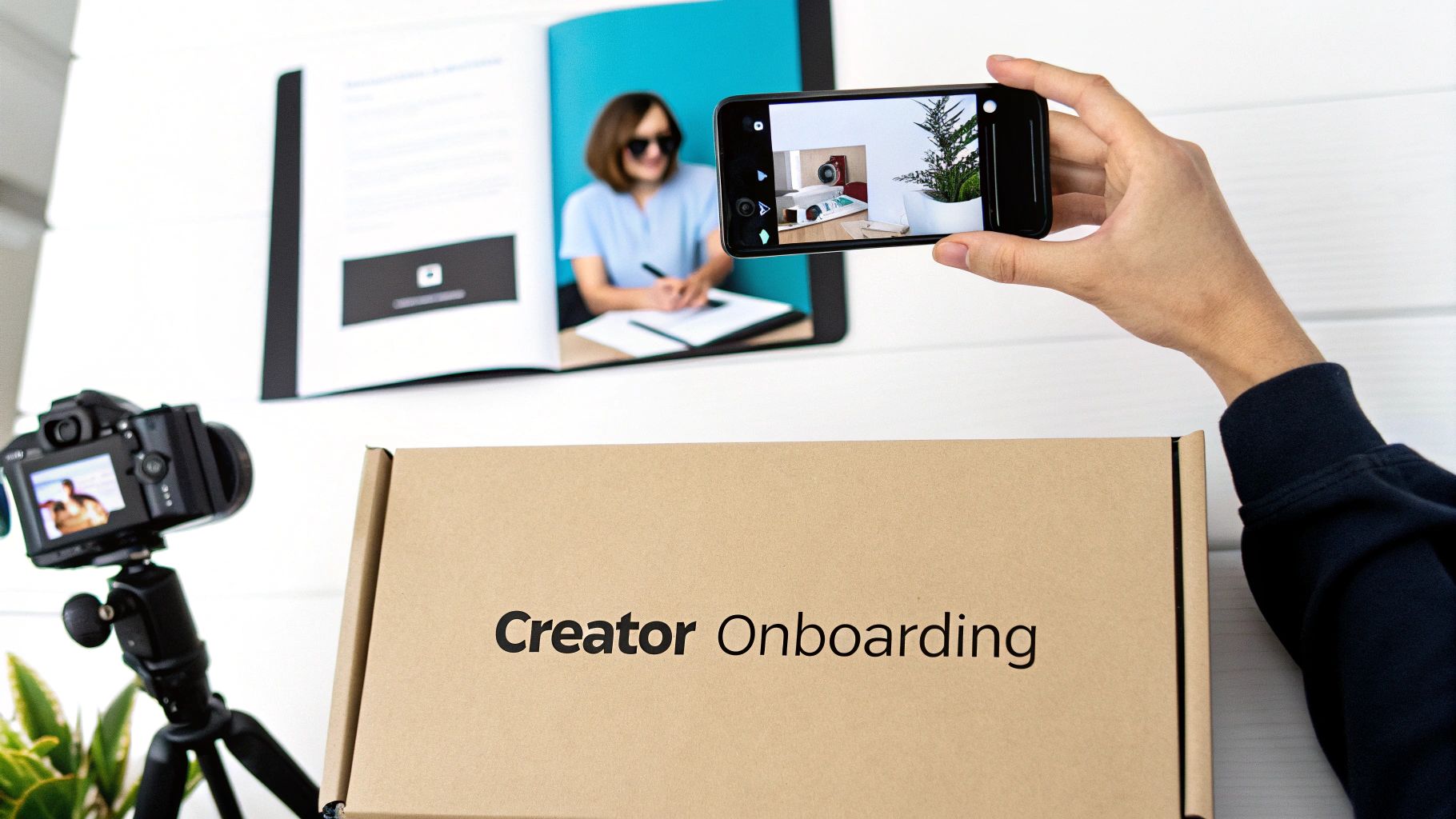 Someone recording a video with a smartphone, showing a camera, a book, and a 'Creator Onboarding' box.