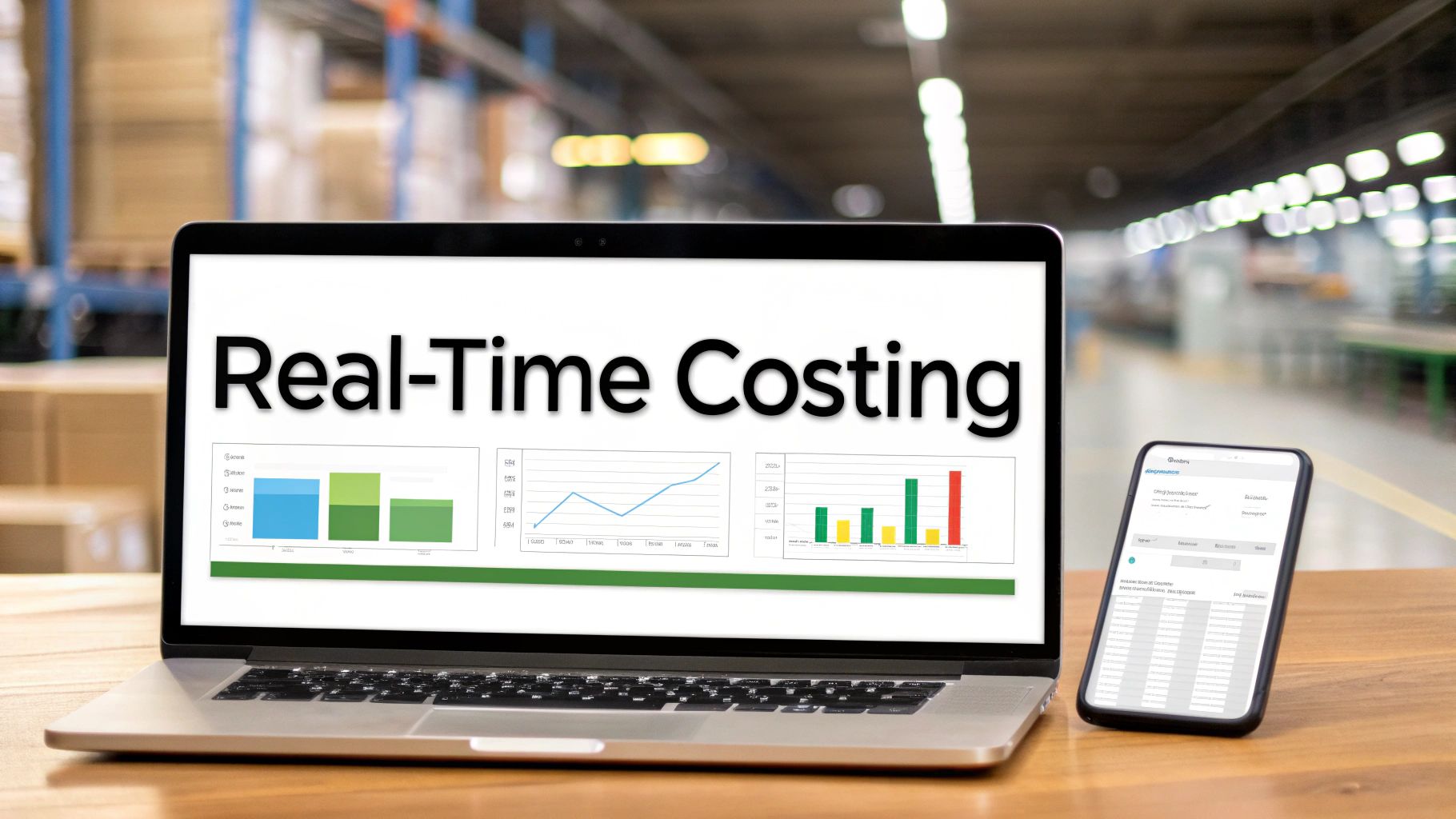 A laptop and smartphone displaying real-time costing data and charts in a manufacturing setting.