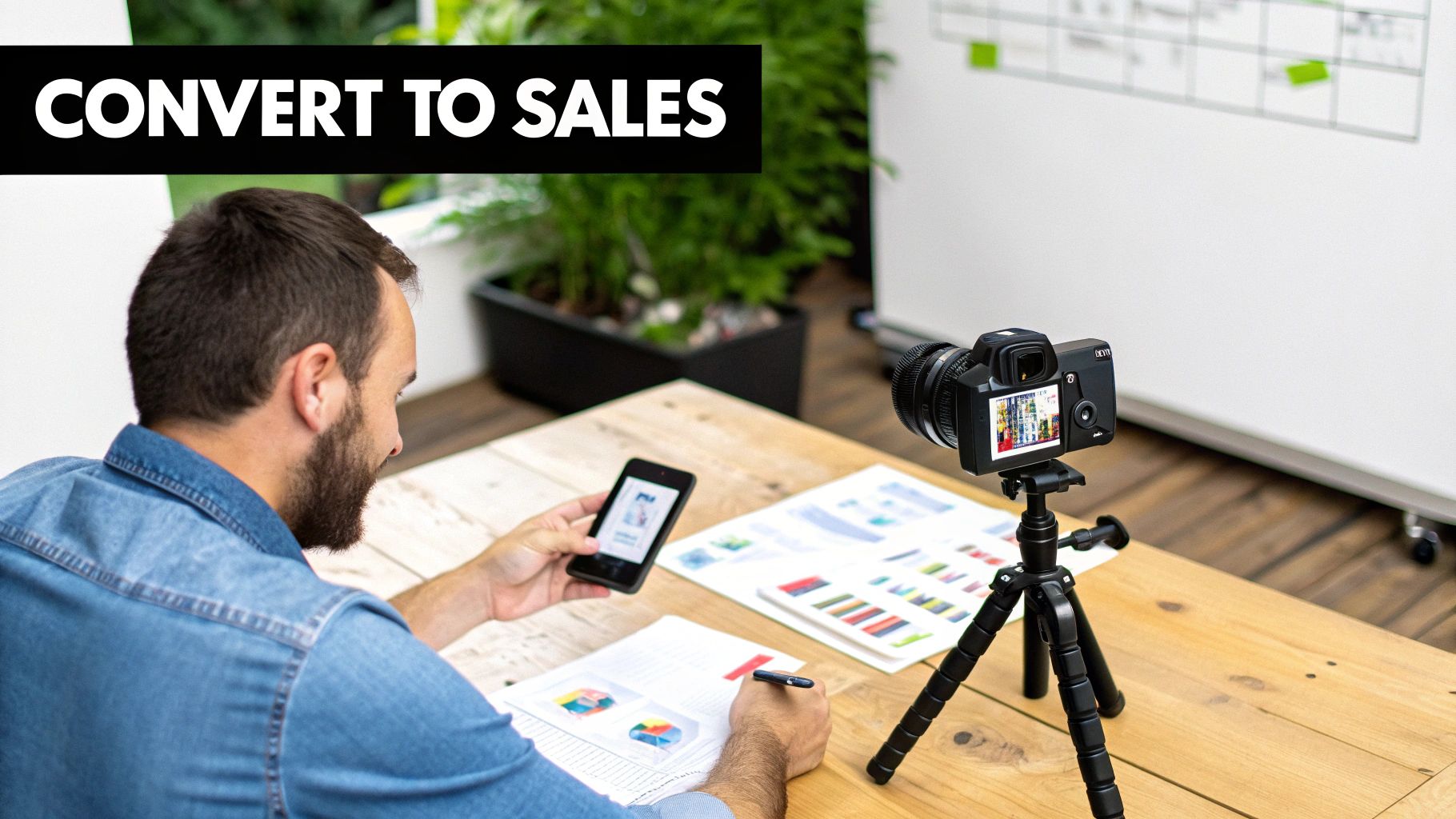 Man analyzes sales data on phone and paper while recording a video for conversion strategies.