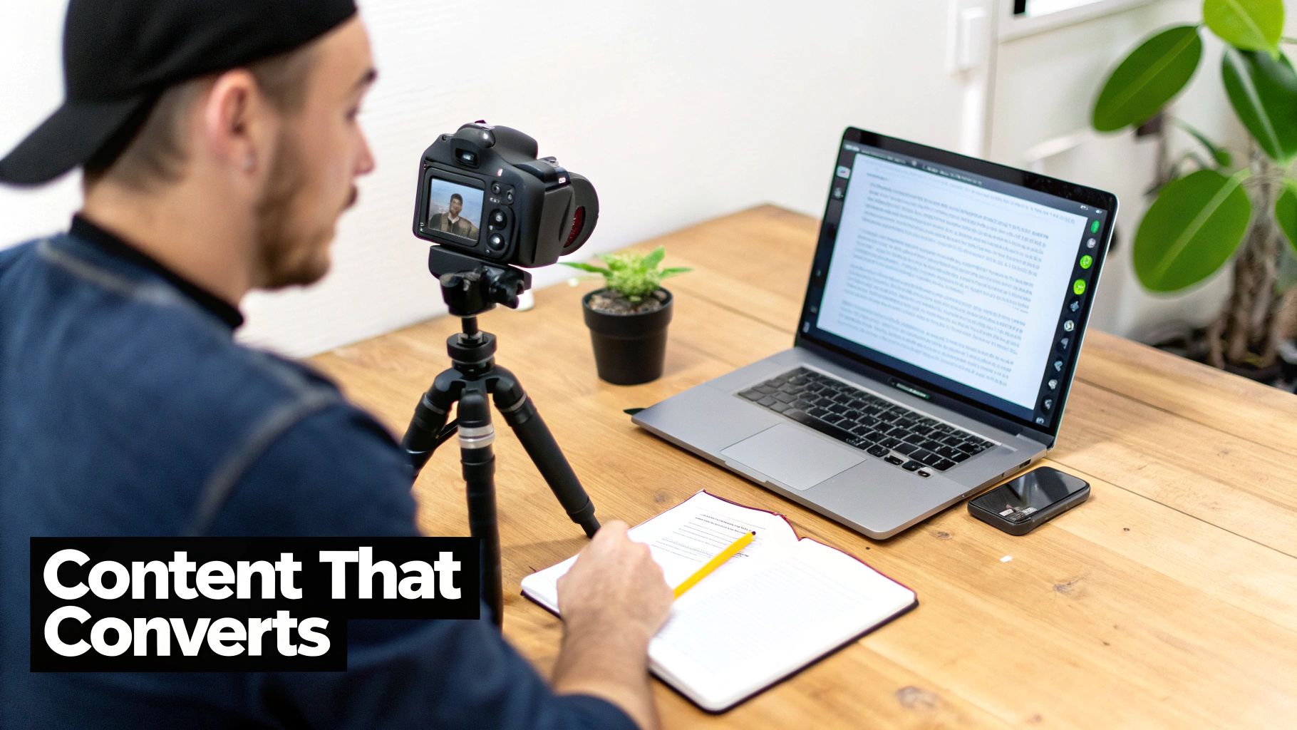 Man creating video content at a desk with a camera, laptop, and notebook.