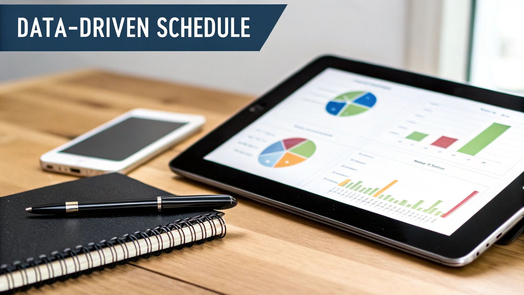 A desk setup with a tablet displaying data charts, a smartphone, notebook, and pen, illustrating a data-driven schedule.