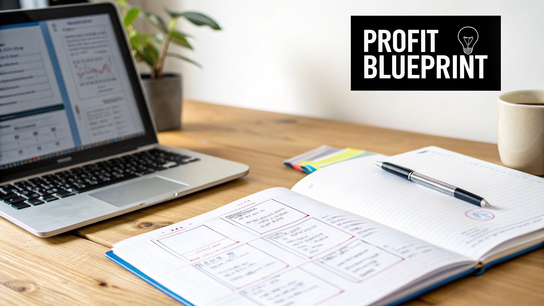 A workspace featuring a laptop, open notebook, and pen, with a 'Profit Blueprint' banner overhead.