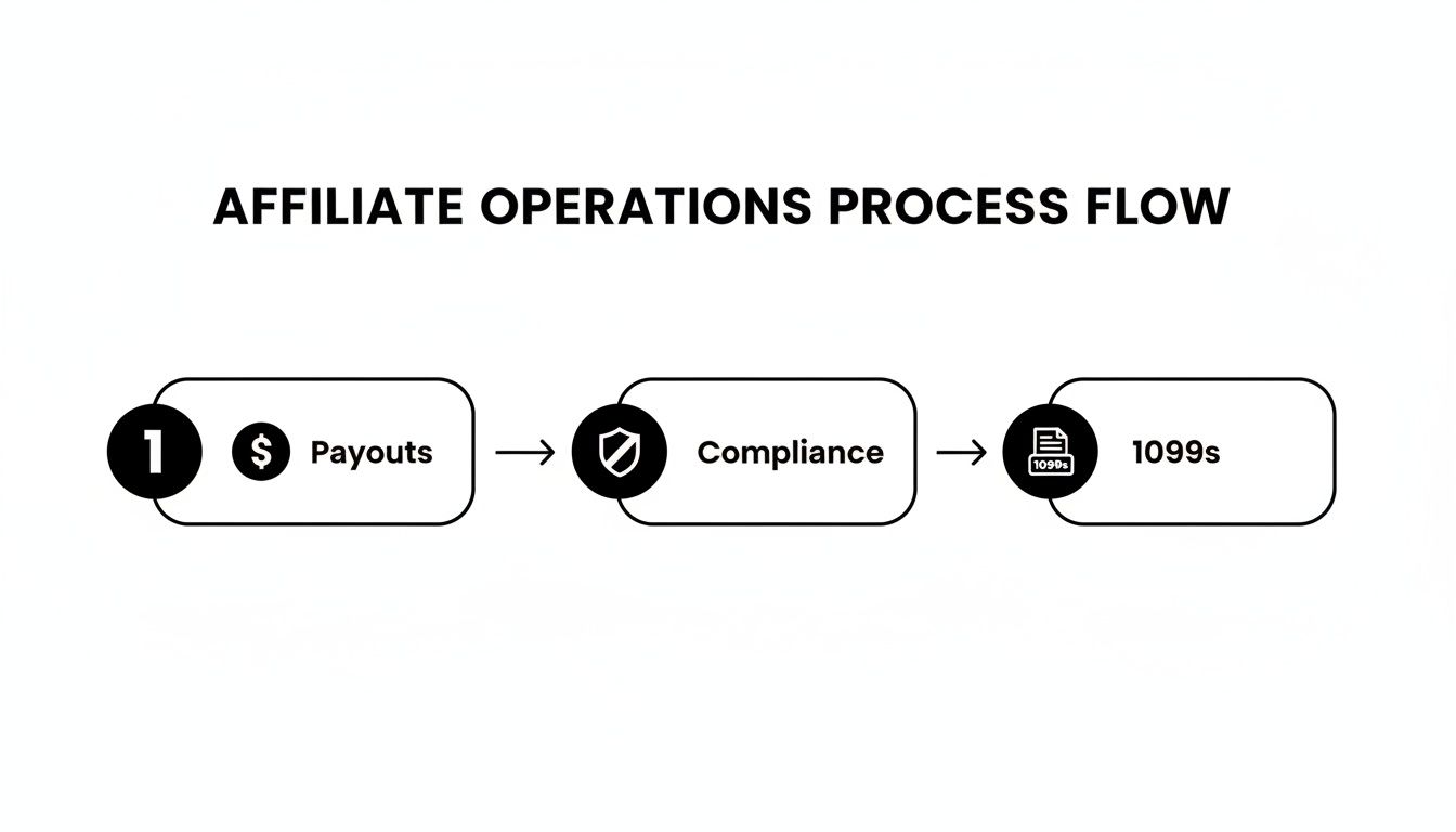 A flowchart illustrates the affiliate operations process, detailing steps from payouts to compliance and 1099s.