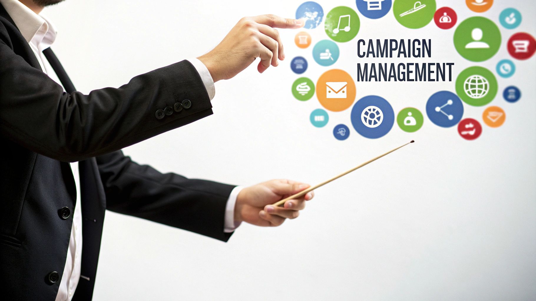 A person's hands orchestrating a complex project board with influencer profiles, content calendars, and timelines, symbolizing campaign management.