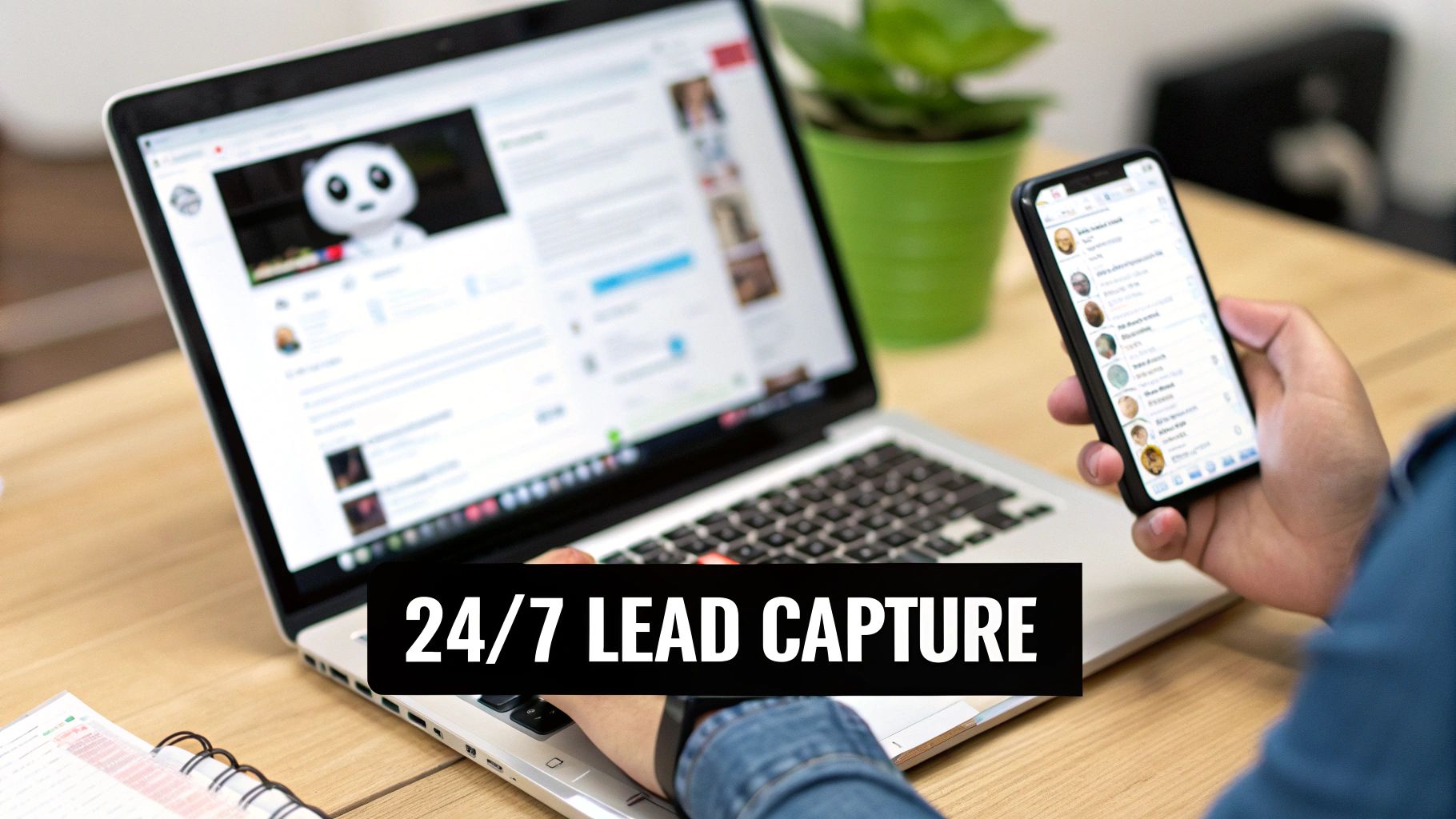 A person uses a laptop and smartphone, featuring a '24/7 Lead Capture' overlay, highlighting digital marketing efforts.