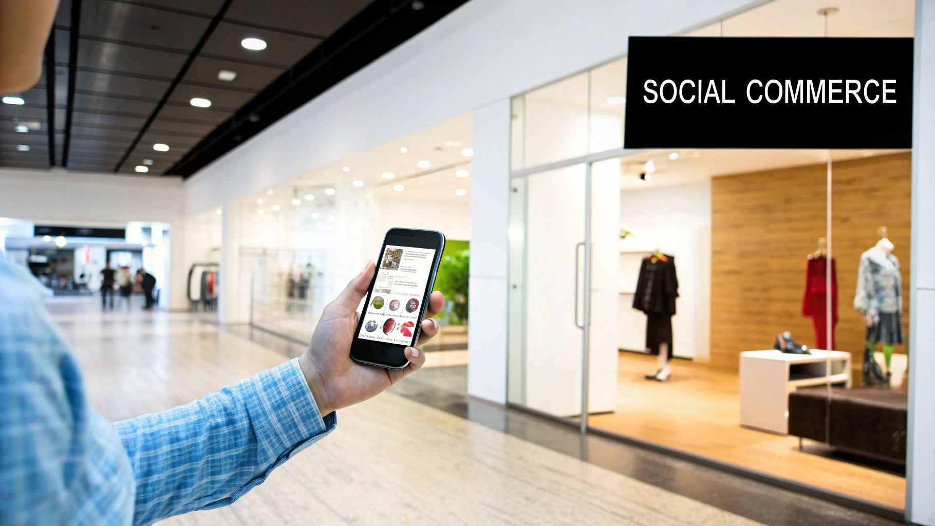 A person views a social commerce app on a smartphone in a mall, with a store sign 'SOCIAL COMMERCE'.