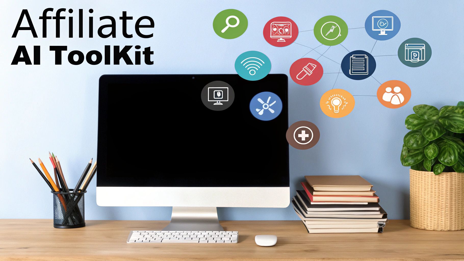 An image of a futuristic toolkit with various AI icons representing different tools