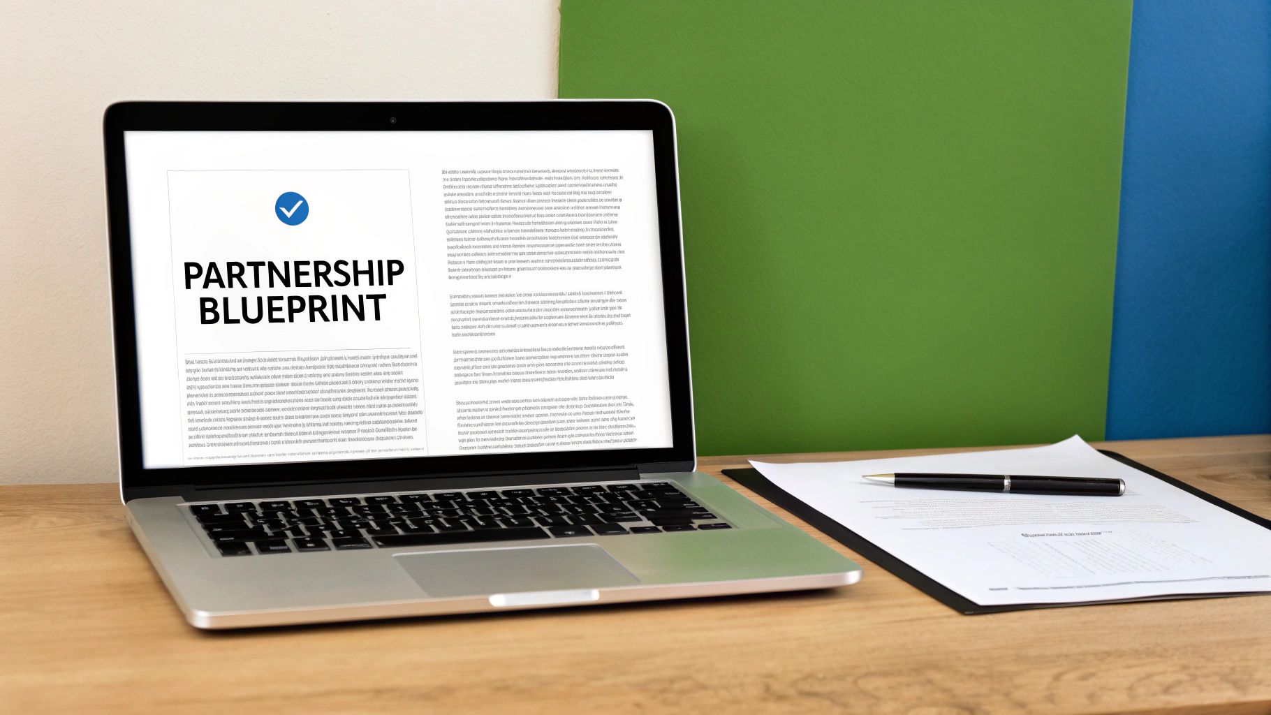 A silver laptop displays a 'Partnership Blueprint' document on a wooden desk, next to a pen and paper.