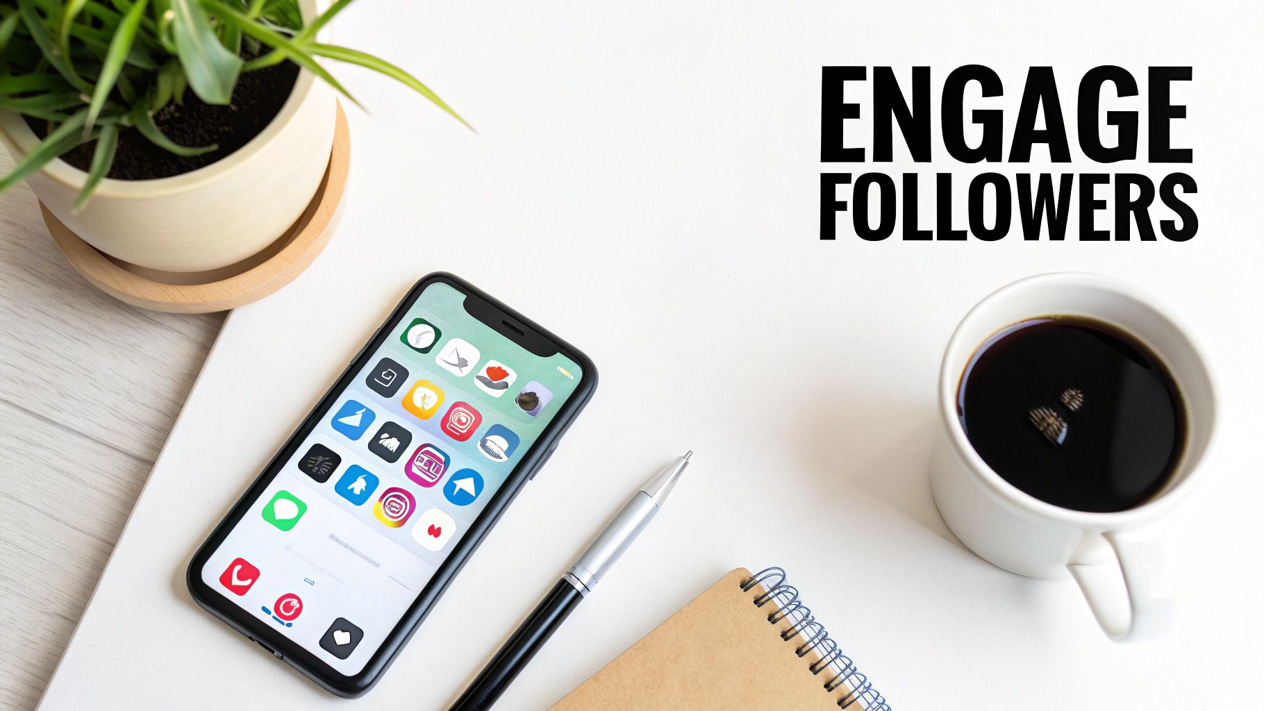 A flat lay of a white desk with a smartphone displaying apps, coffee, plant, and 'ENGAGE FOLLOWERS' text.