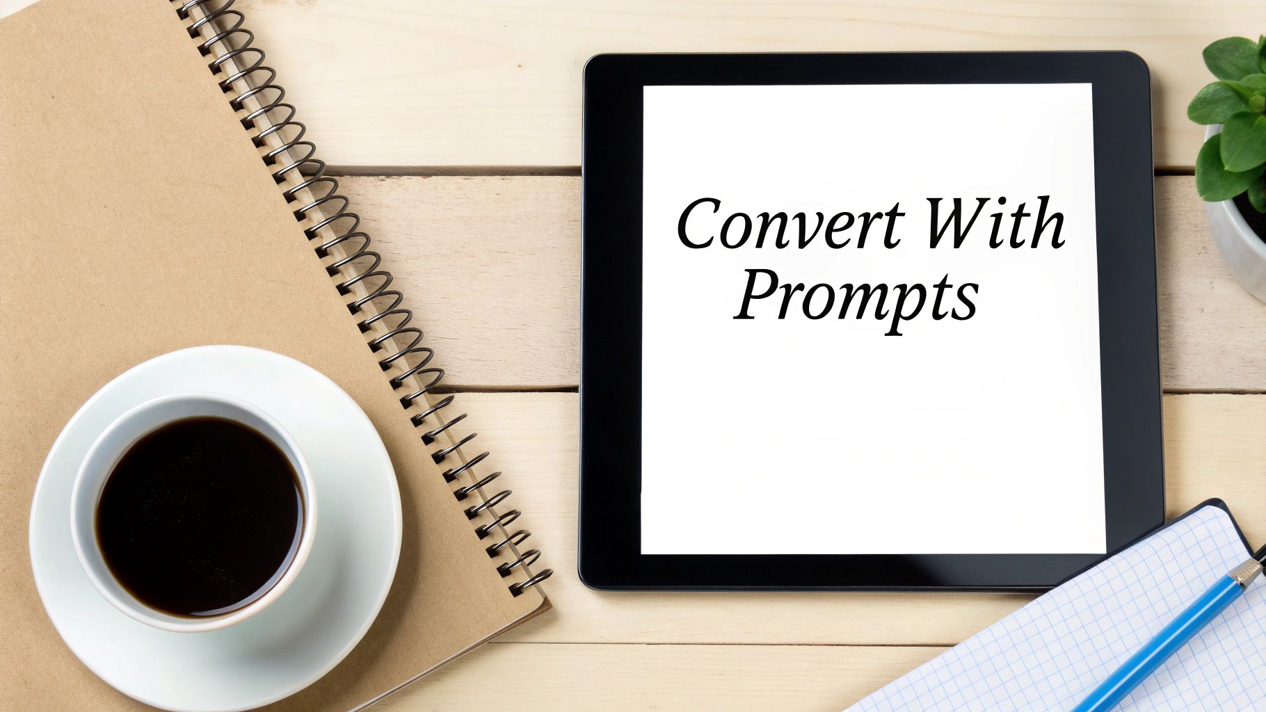 Workspace flat lay featuring a tablet displaying 'Convert With Prompts', coffee, and notebooks.