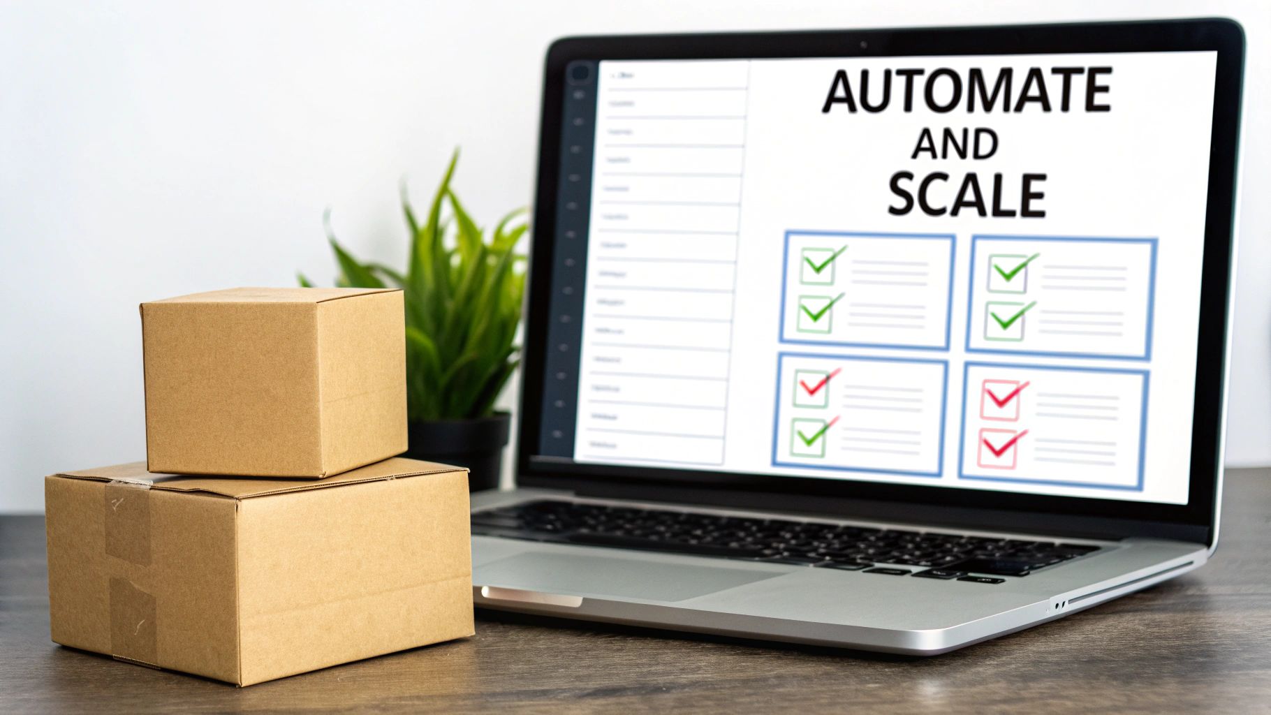 Cardboard boxes stacked next to a laptop displaying 'Automate and Scale' with checklists.