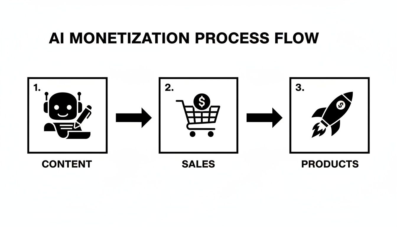 AI monetization process flow: create content, drive sales, launch products.