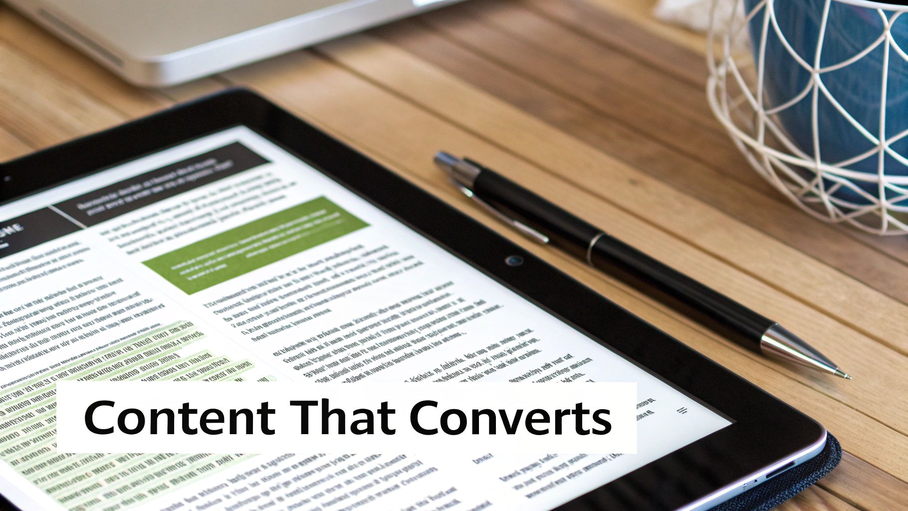 A person typing on a laptop with charts and graphs in the background, representing content creation and data analysis.