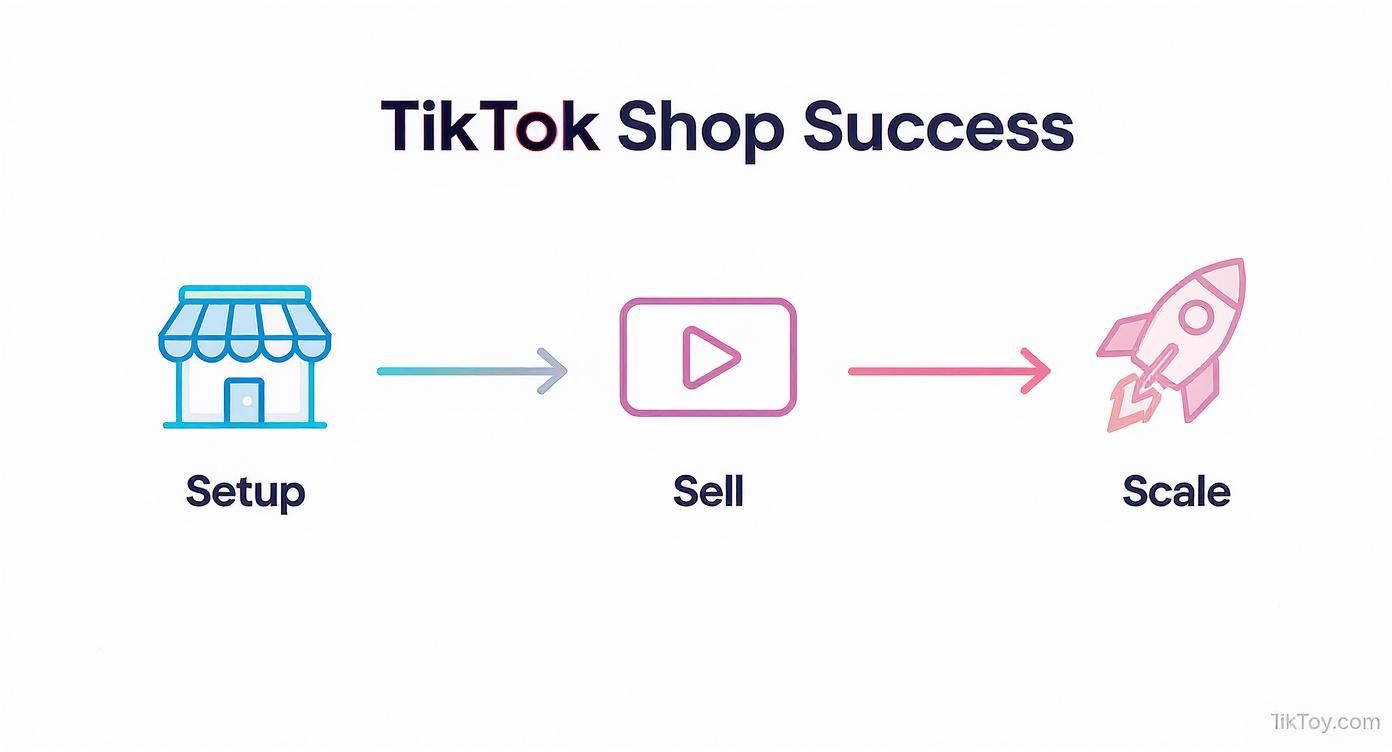 TikTok Shop success roadmap showing three stages: setup store, sell with video, and scale business growth