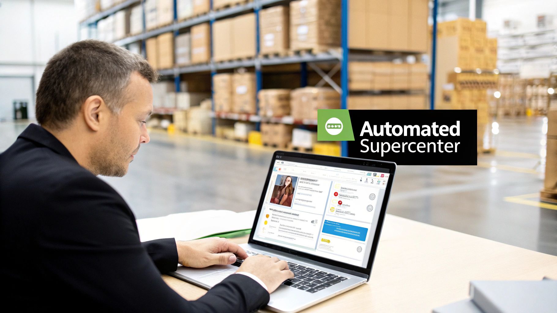Man working on a laptop in an automated supercenter warehouse, managing logistics operations.