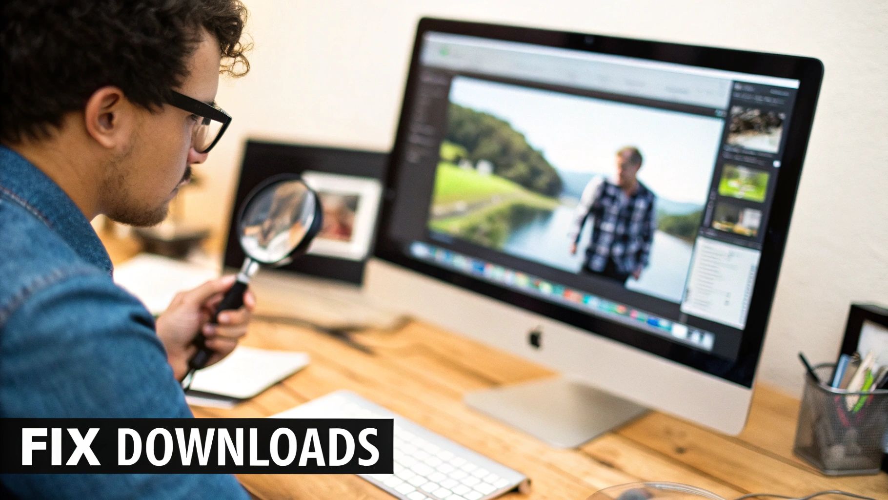 A man wearing glasses carefully inspects details with a magnifying glass while working on an iMac computer.
