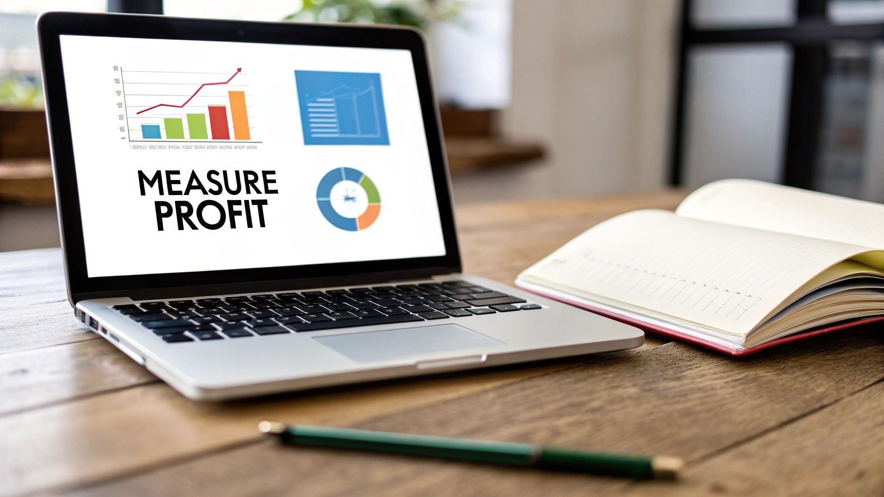 A laptop displaying 'MEASURE PROFIT' and various business graphs, with an open notebook and pen on a wooden desk.