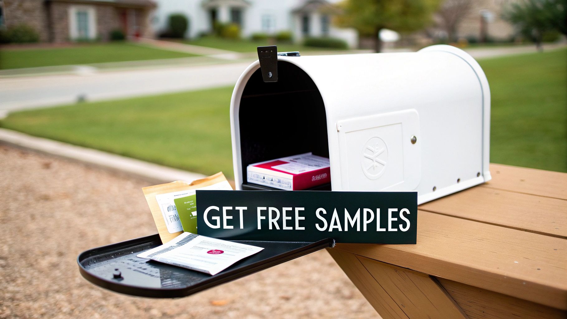 A person's hands holding a variety of colorful free sample products, including cosmetics and snacks.