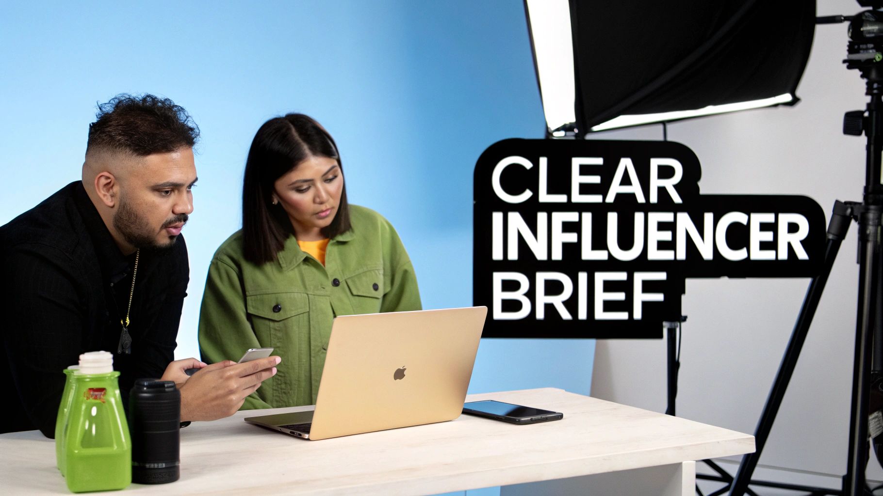 Two content creators discuss an influencer brief on a laptop and smartphone in a studio setting.