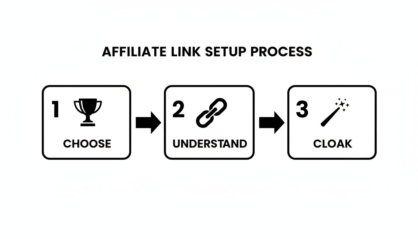 A three-step diagram outlining the affiliate link setup process: choose, understand, and cloak.