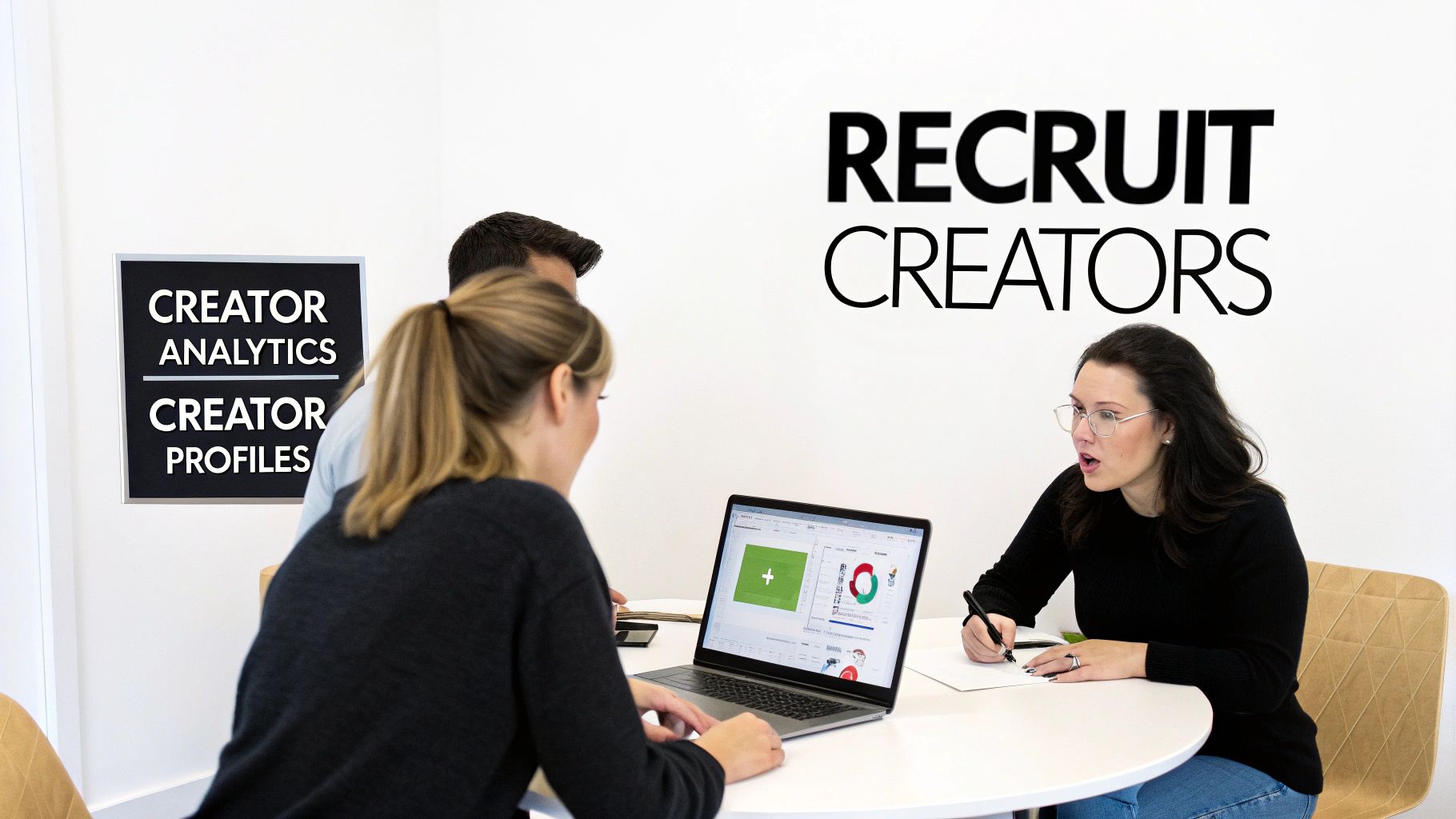 Professionals discussing creator analytics and profiles during a meeting in a modern office.