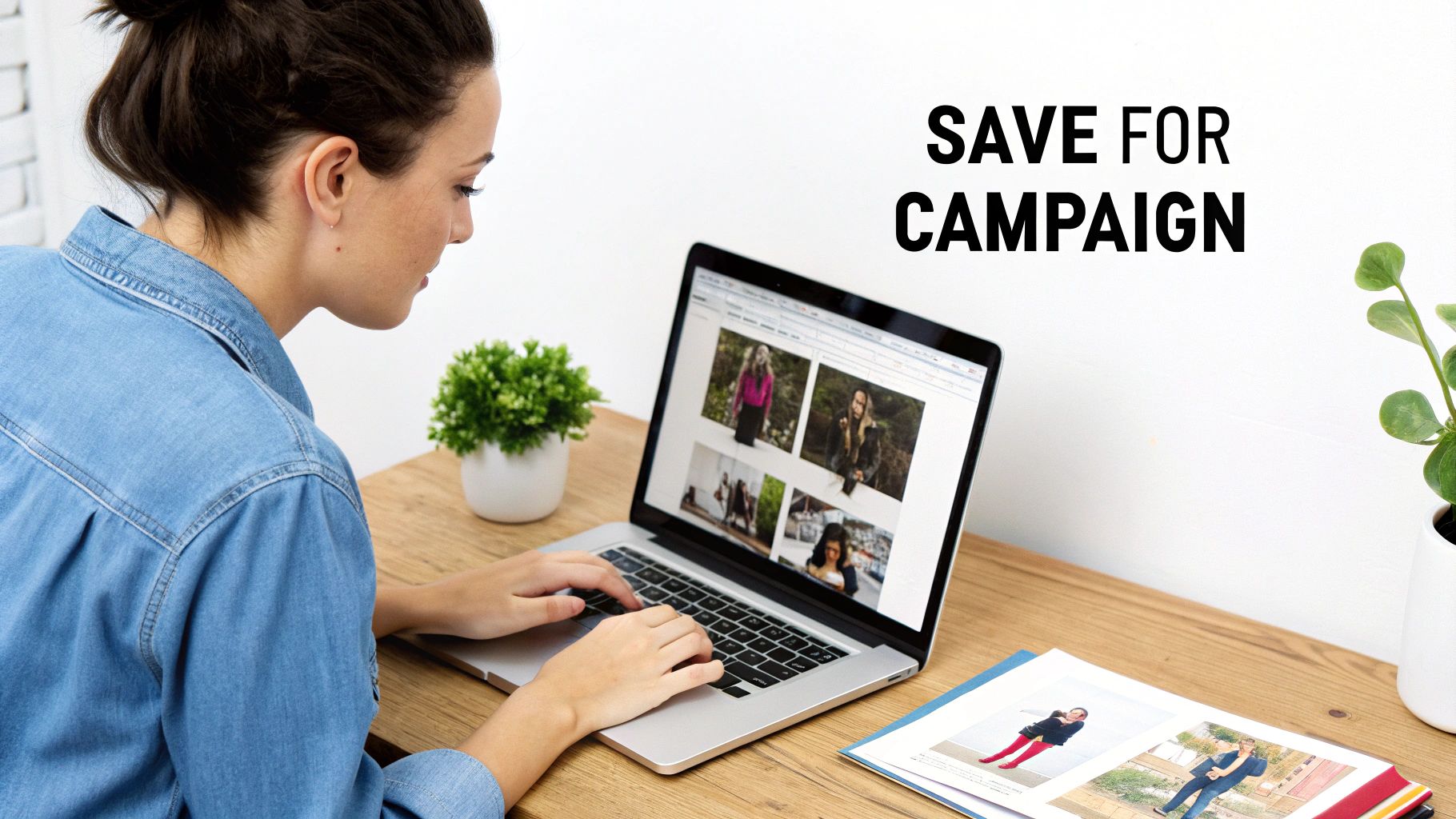 A woman is working on a laptop, reviewing photos for a digital campaign on a wooden desk.