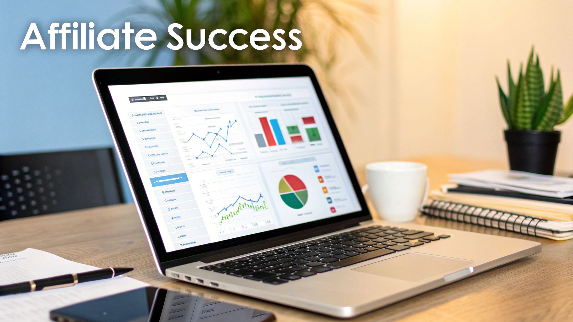 A person at a desk analyzing charts and data on a laptop, symbolizing data-driven keyword research.