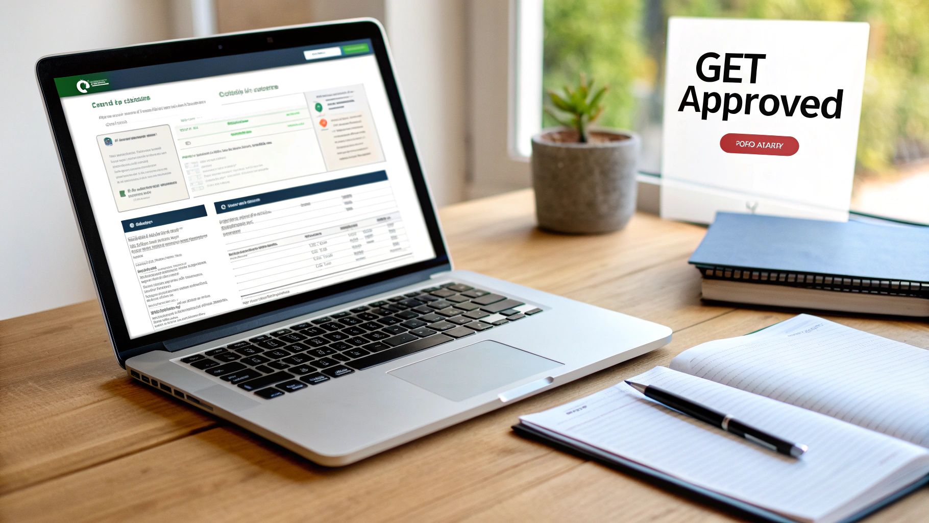 A laptop displaying a webpage, a 'GET Approved' sign, notebooks, and a plant on a wooden desk.